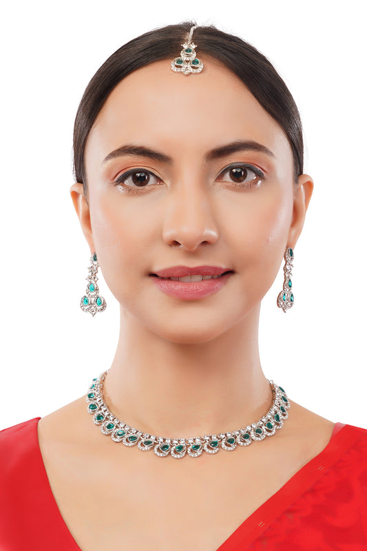 Silver Plated Aqua Green Necklace And Mangtika Set