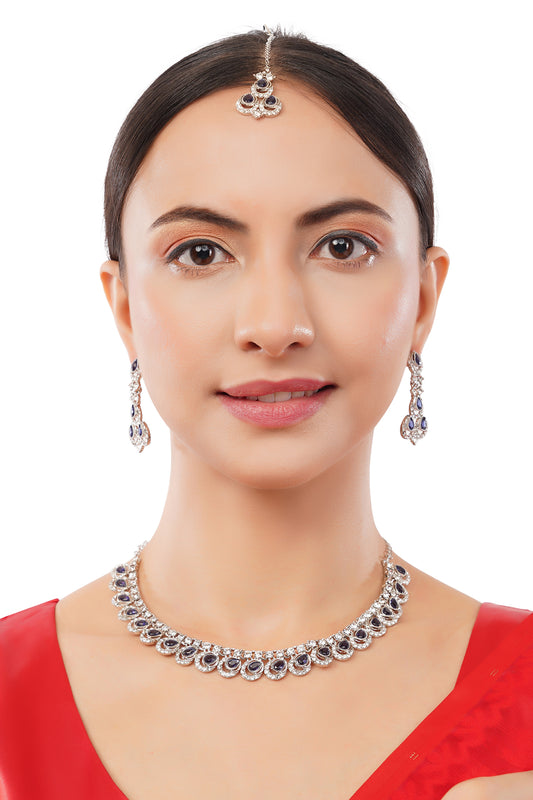 Silver Plated Blue Diamond Necklace With Earring Set