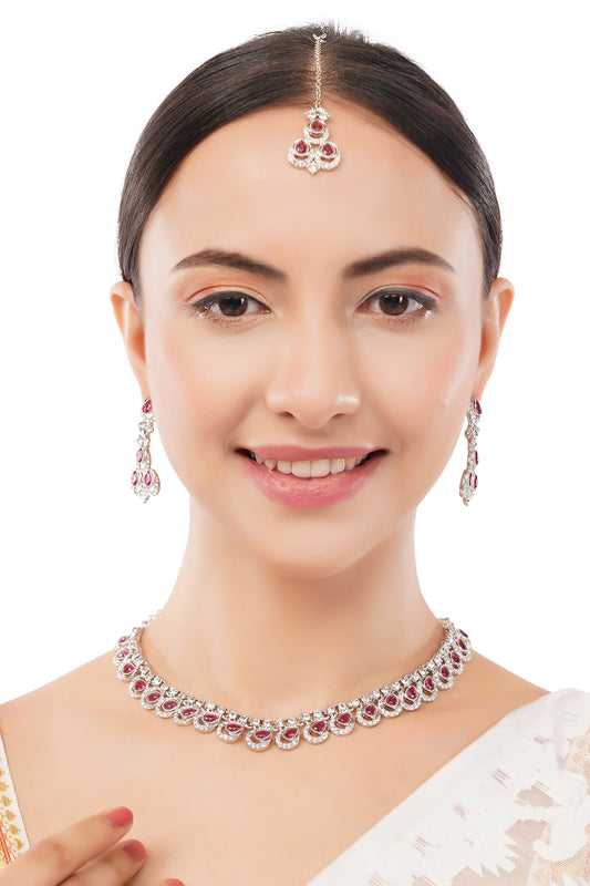 Silver Plated Red Stone Diamond Necklace With Earring And Mangtika Set