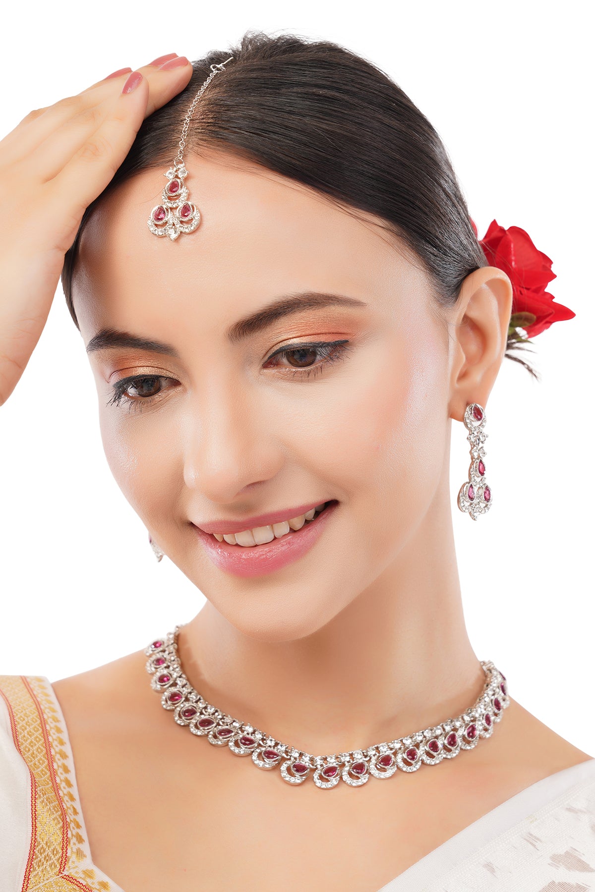 Silver Plated Red Stone Diamond Necklace With Earring And Mangtika Set