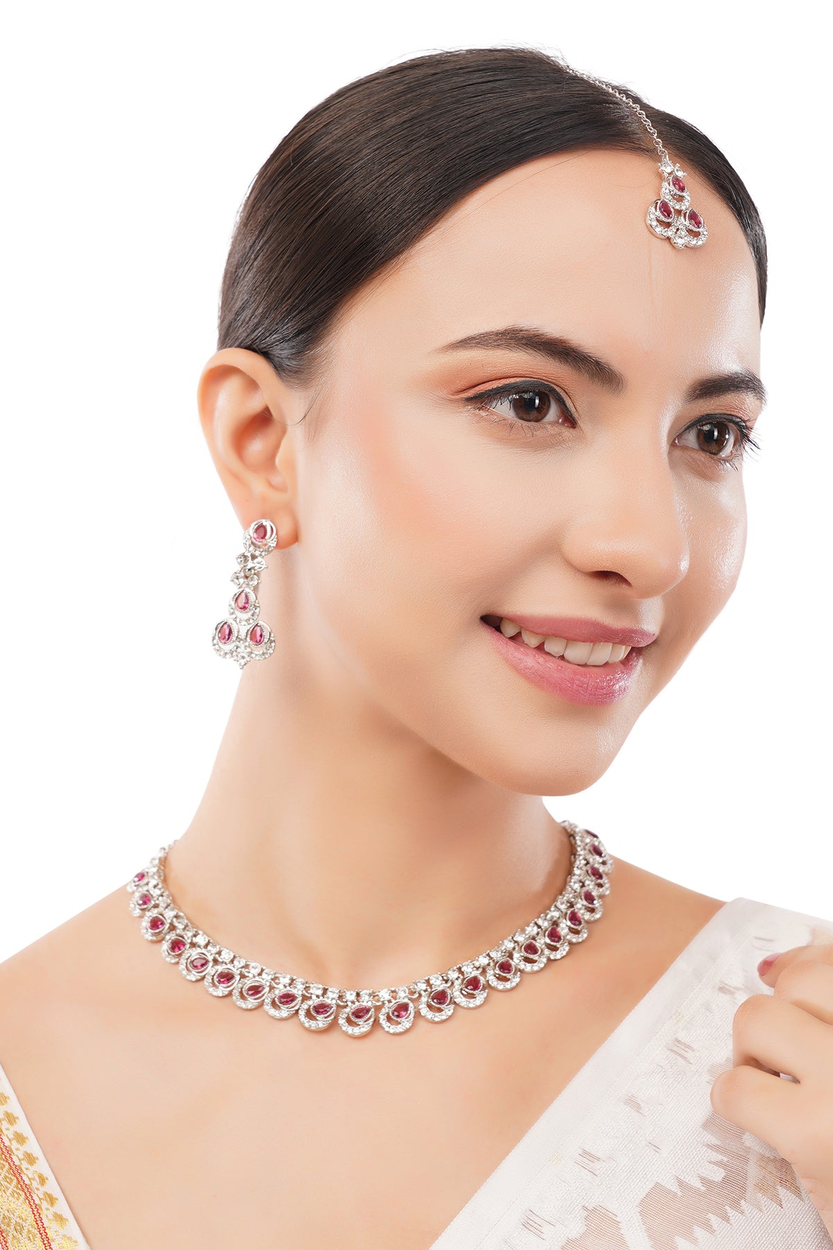 Silver Plated Red Stone Diamond Necklace With Earring And Mangtika Set