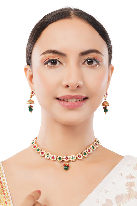 Traditional Gold Plated Red And Green Stone Necklace With Jhumki earrings