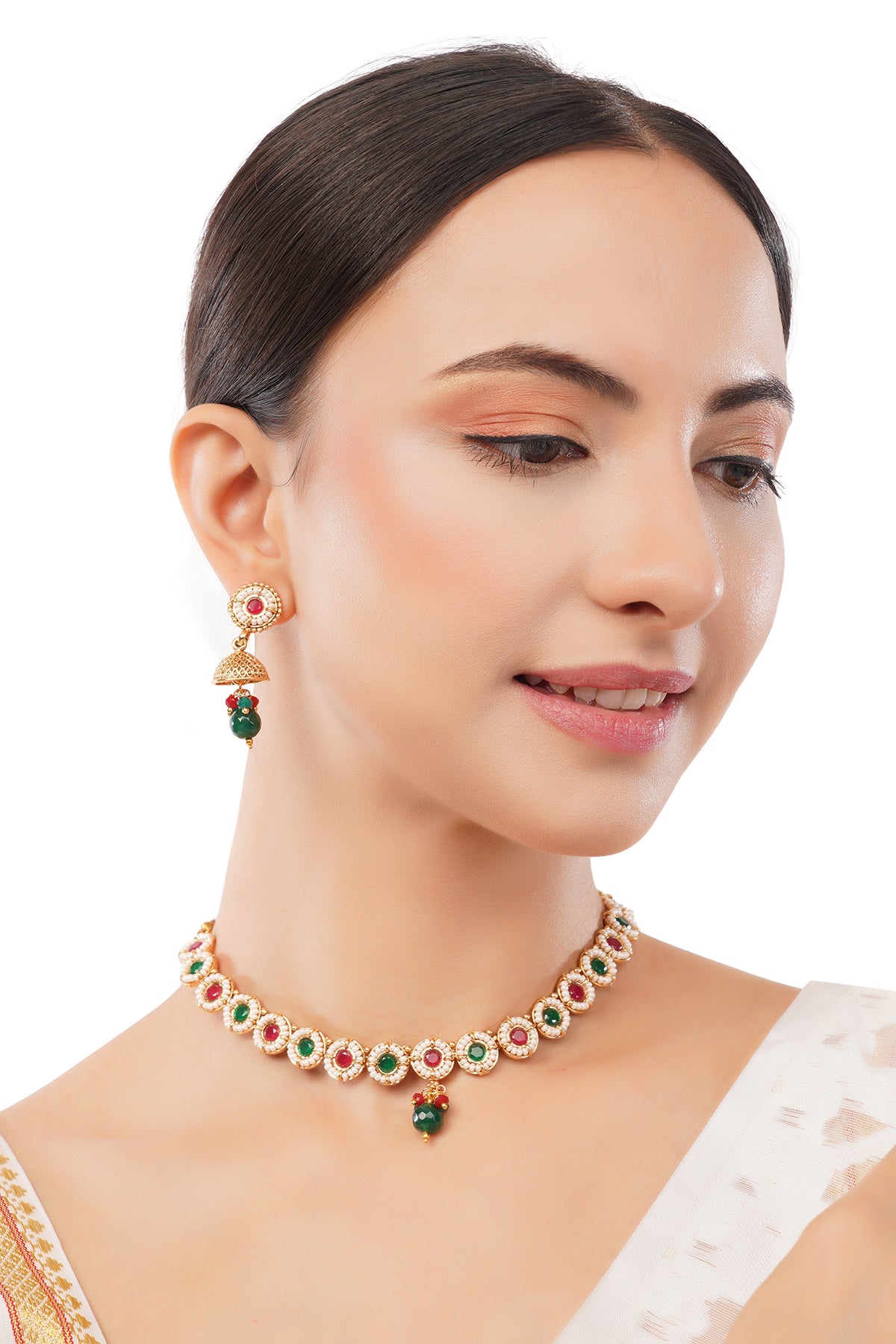 Traditional Gold Plated Red And Green Stone Necklace With Jhumki earrings