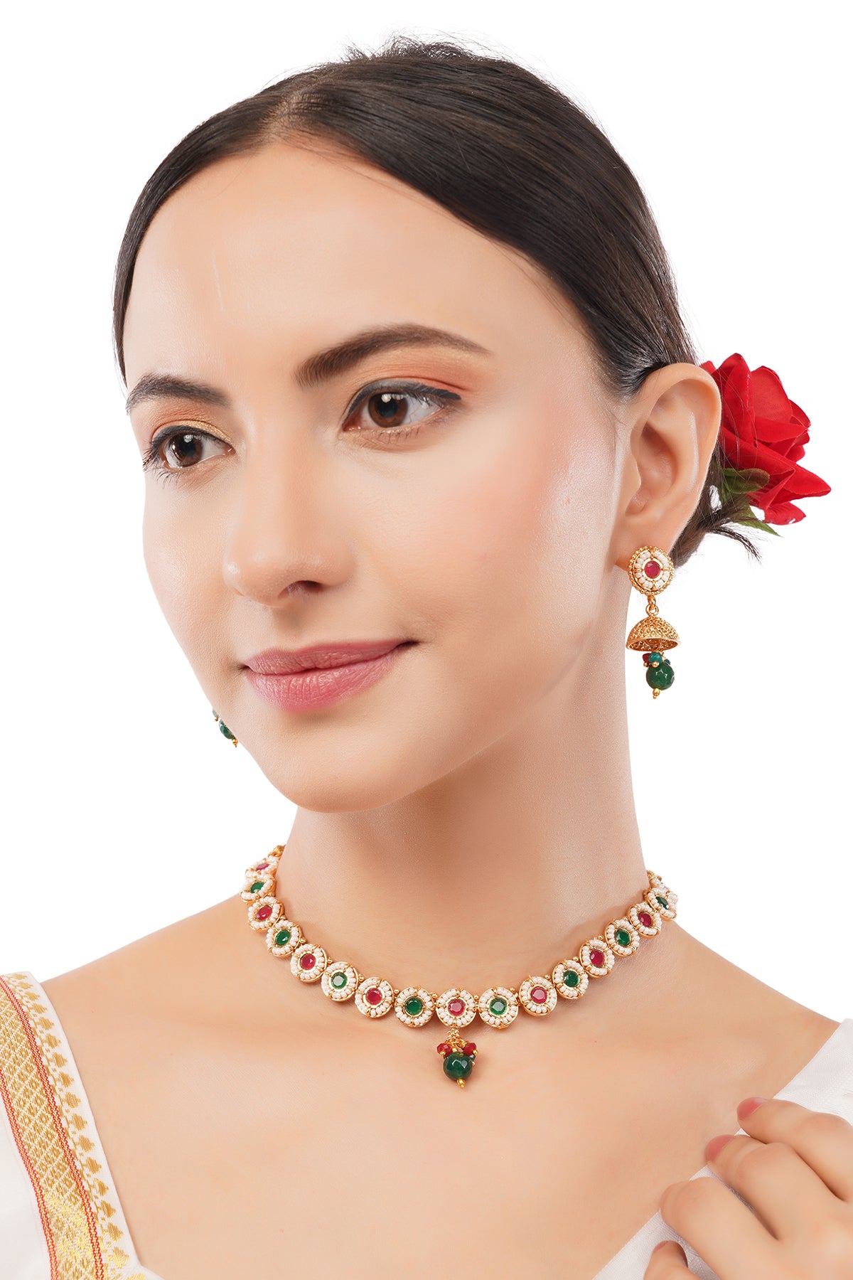 Traditional Gold Plated Red And Green Stone Necklace With Jhumki earrings