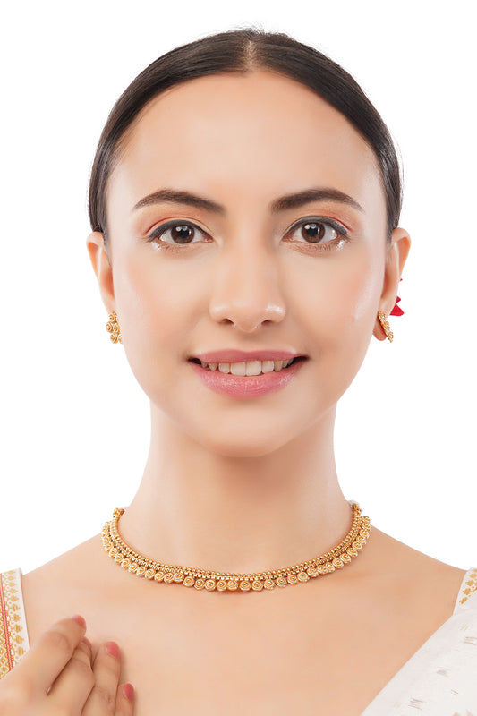 Gold Plated Choker Necklace With Stud Earrings Jewellery Set