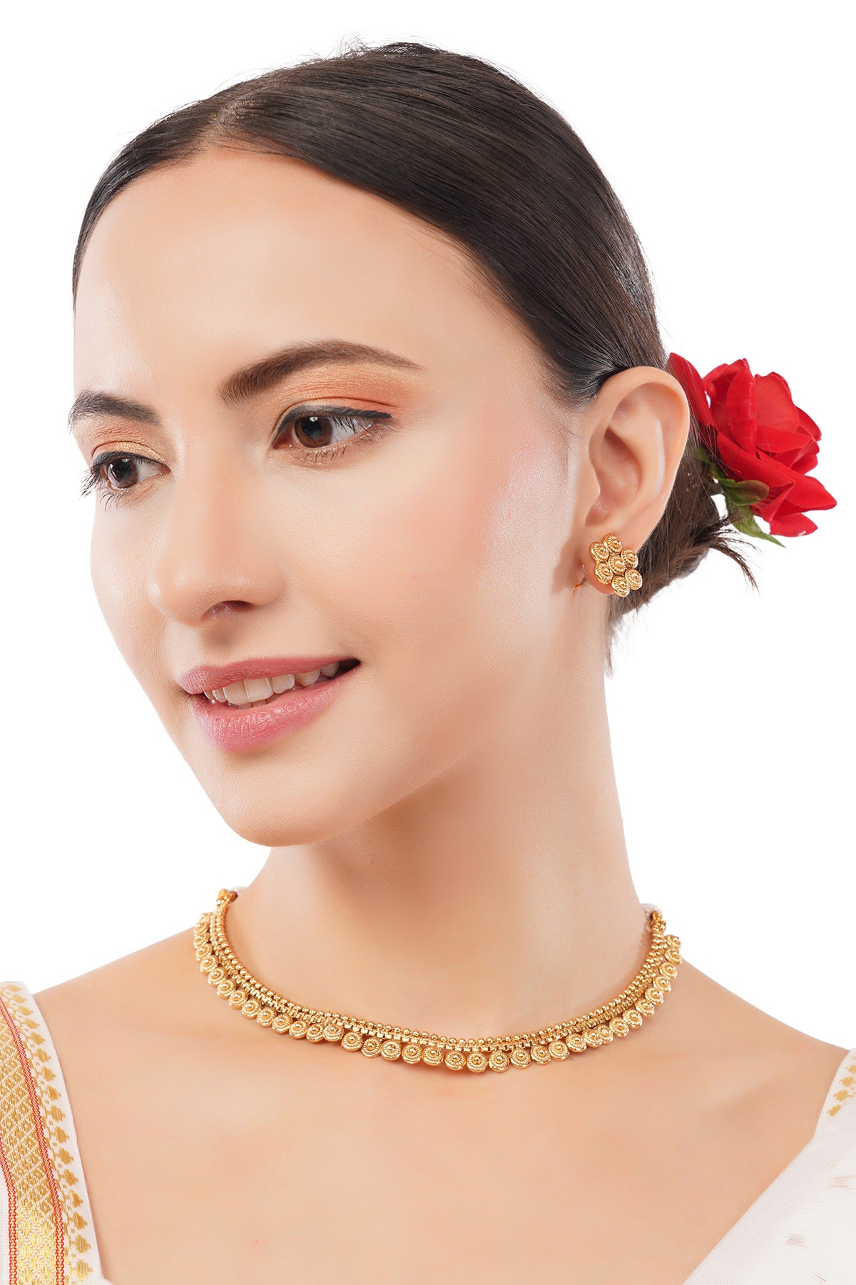 Gold Plated Choker Necklace With Stud Earrings Jewellery Set