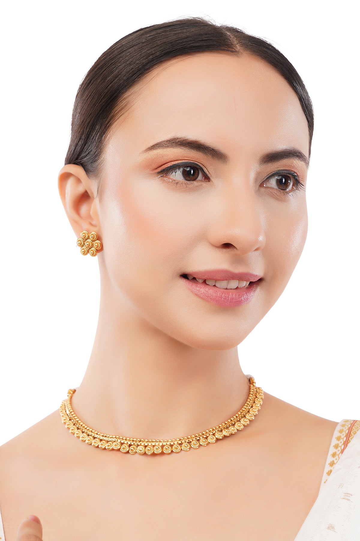 Gold Plated Choker Necklace With Stud Earrings Jewellery Set
