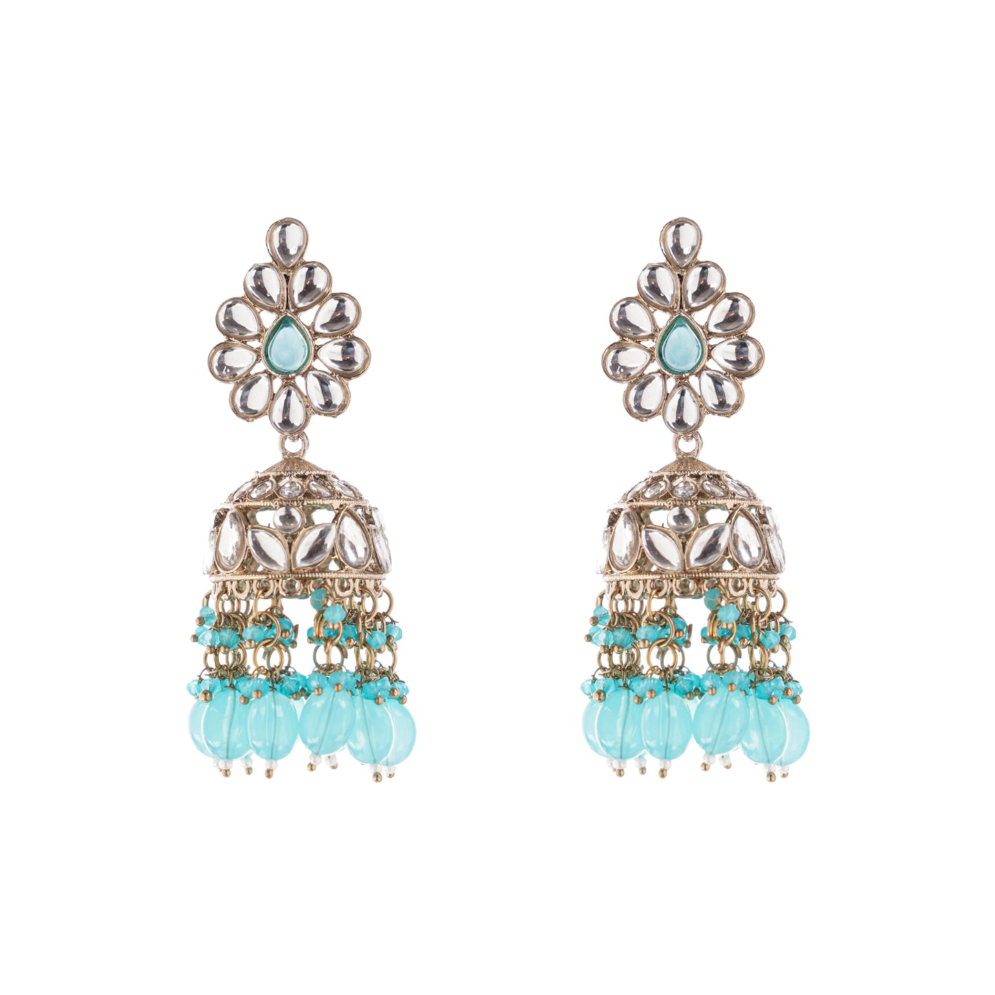Traditional Blue Stones Cluster Beads Drop Jhumka Earrings