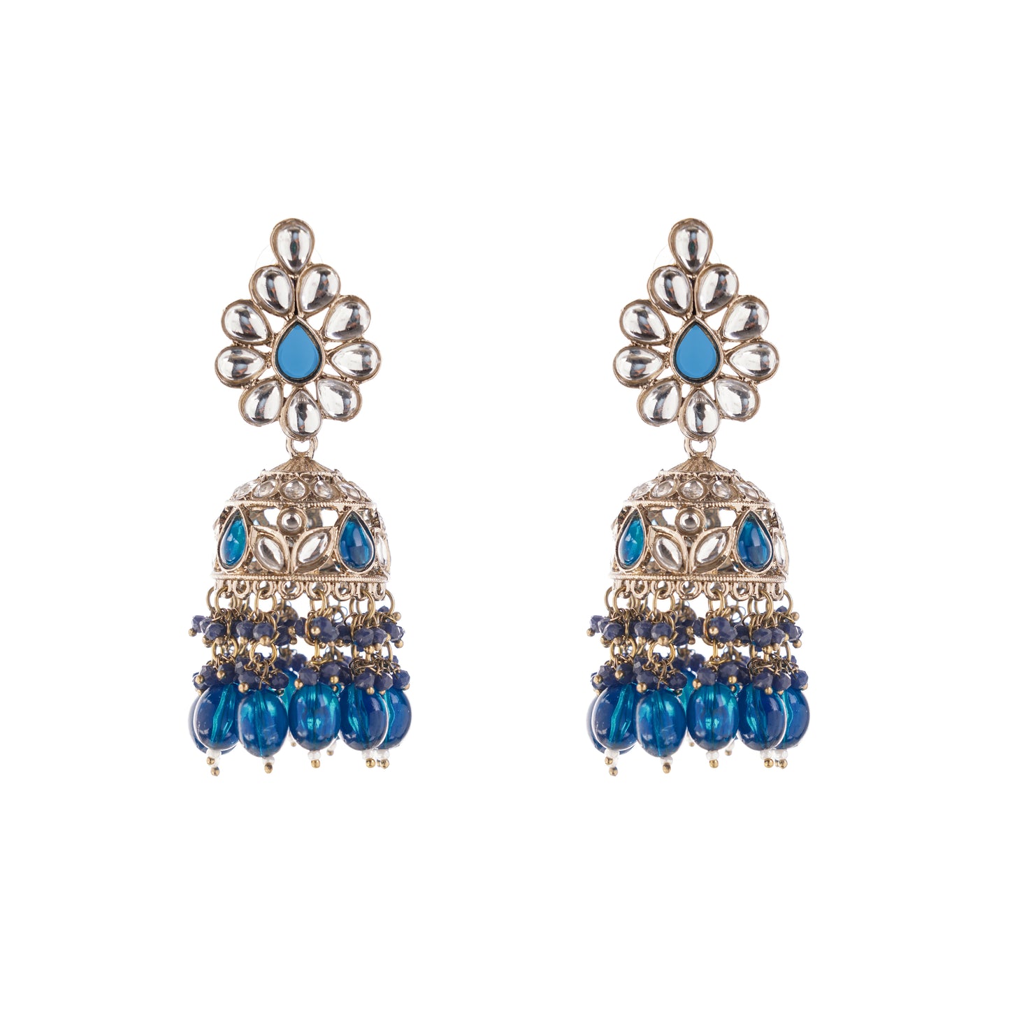 Gold Plated Blue Kundan Jhumka Earrings For Women