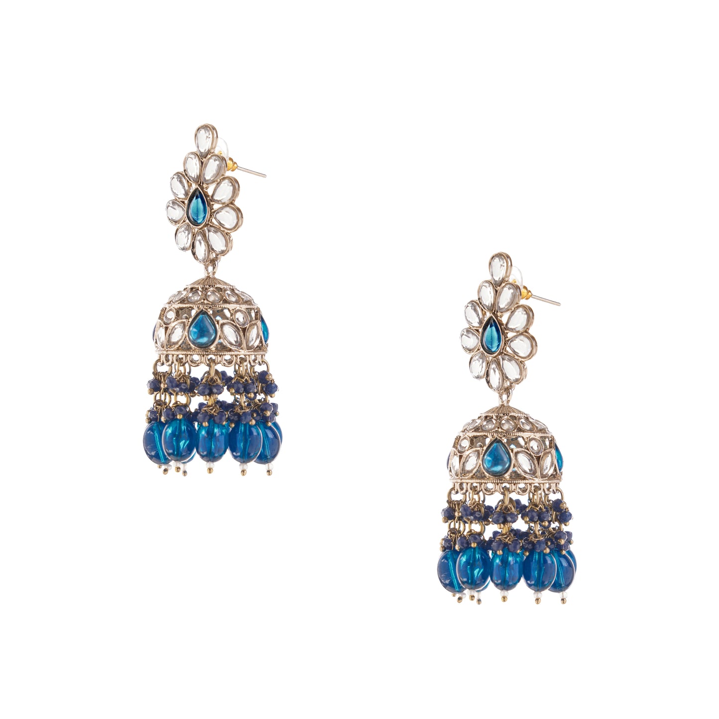 Gold Plated Blue Kundan Jhumka Earrings For Women