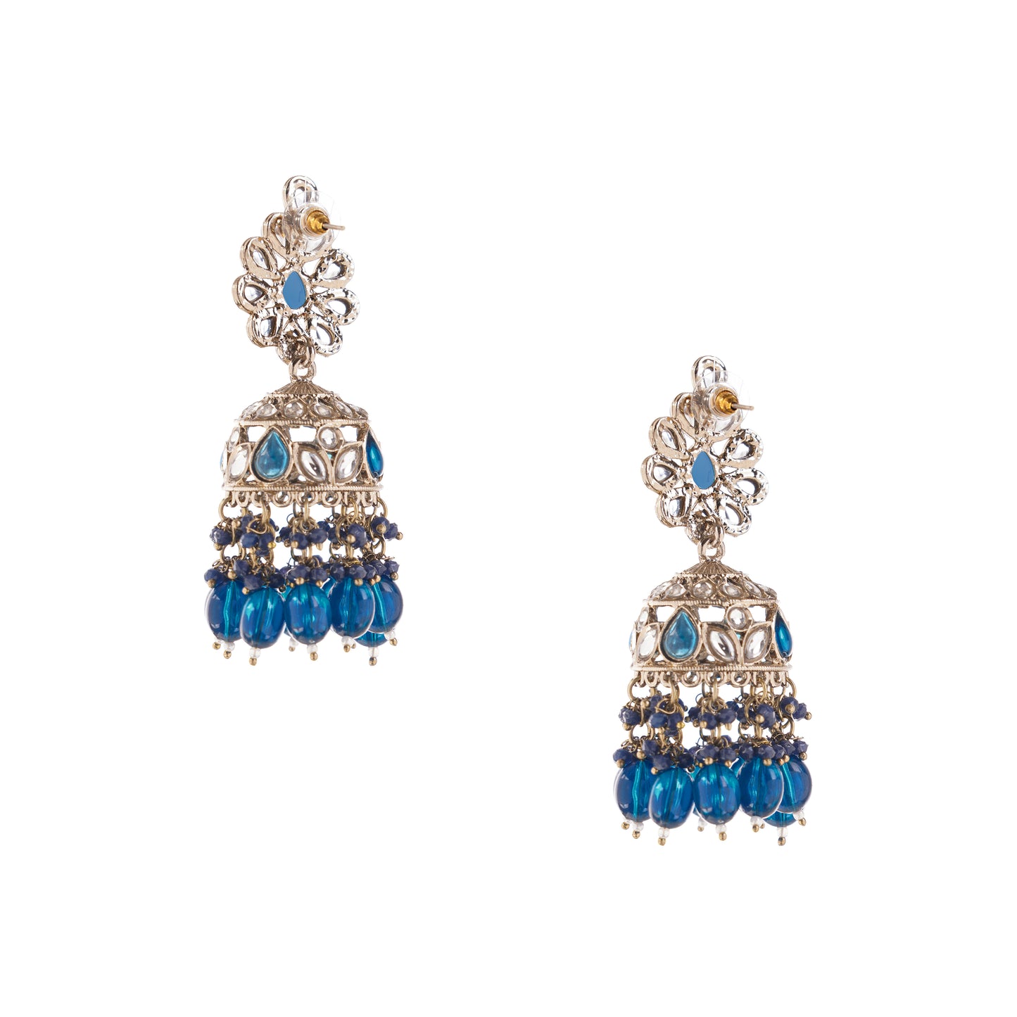 Gold Plated Blue Kundan Jhumka Earrings For Women