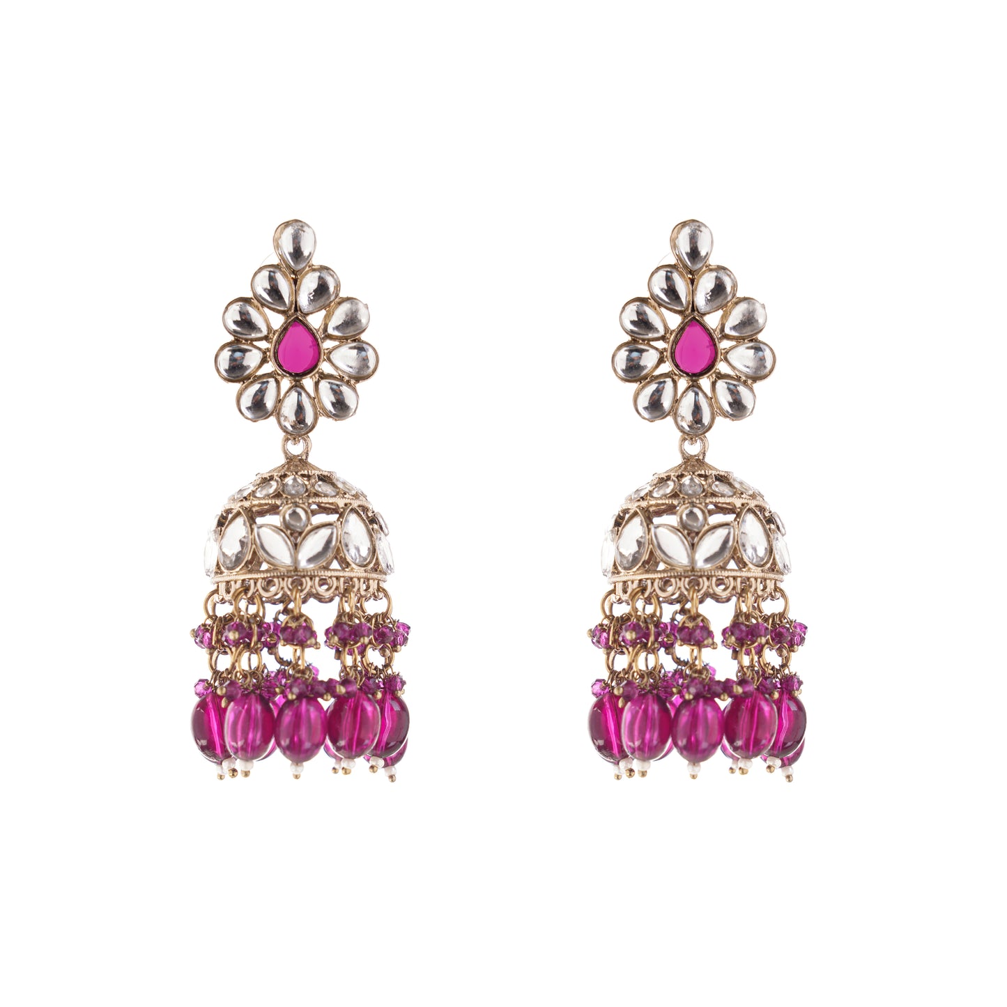 Gold Purple Kundan Studded Jhumka Earrings