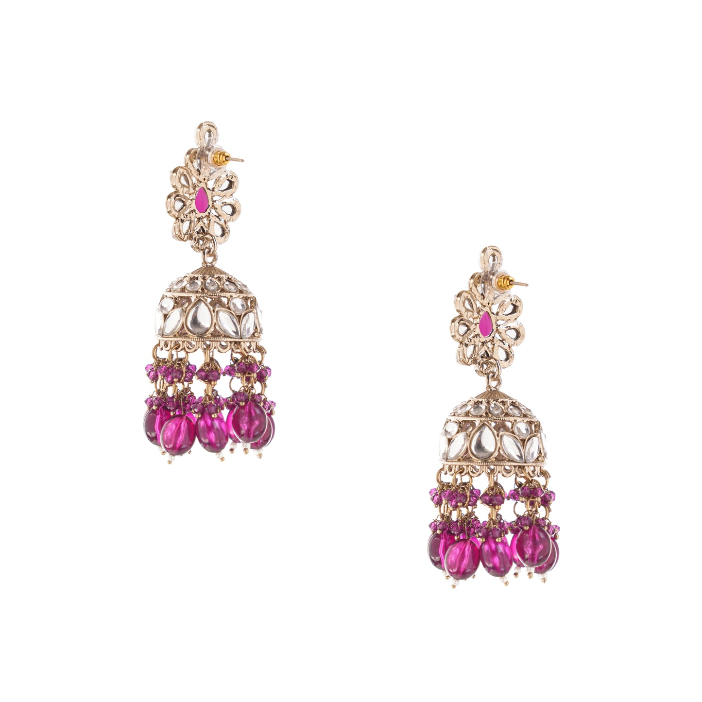 Gold Purple Kundan Studded Jhumka Earrings