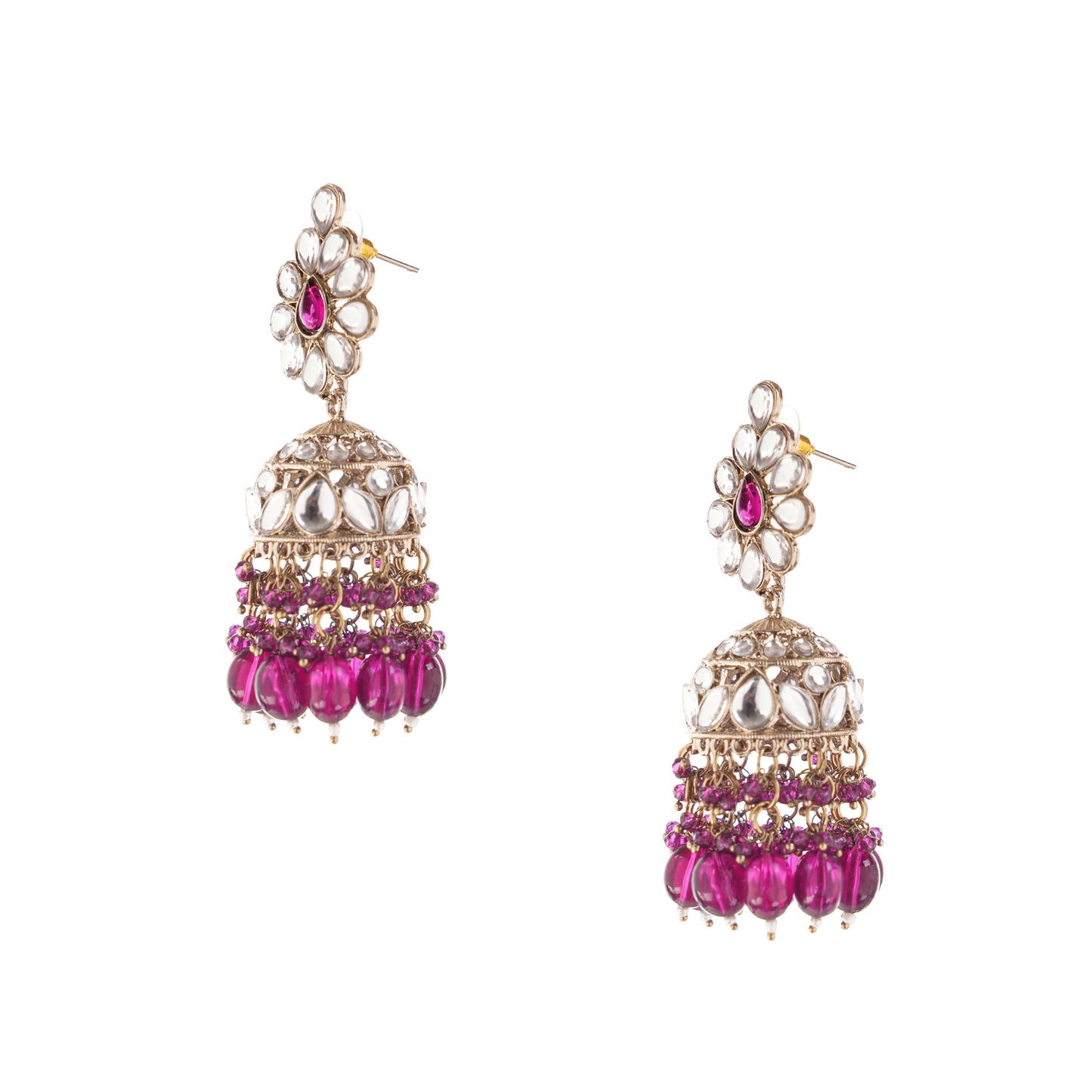 Gold Purple Kundan Studded Jhumka Earrings