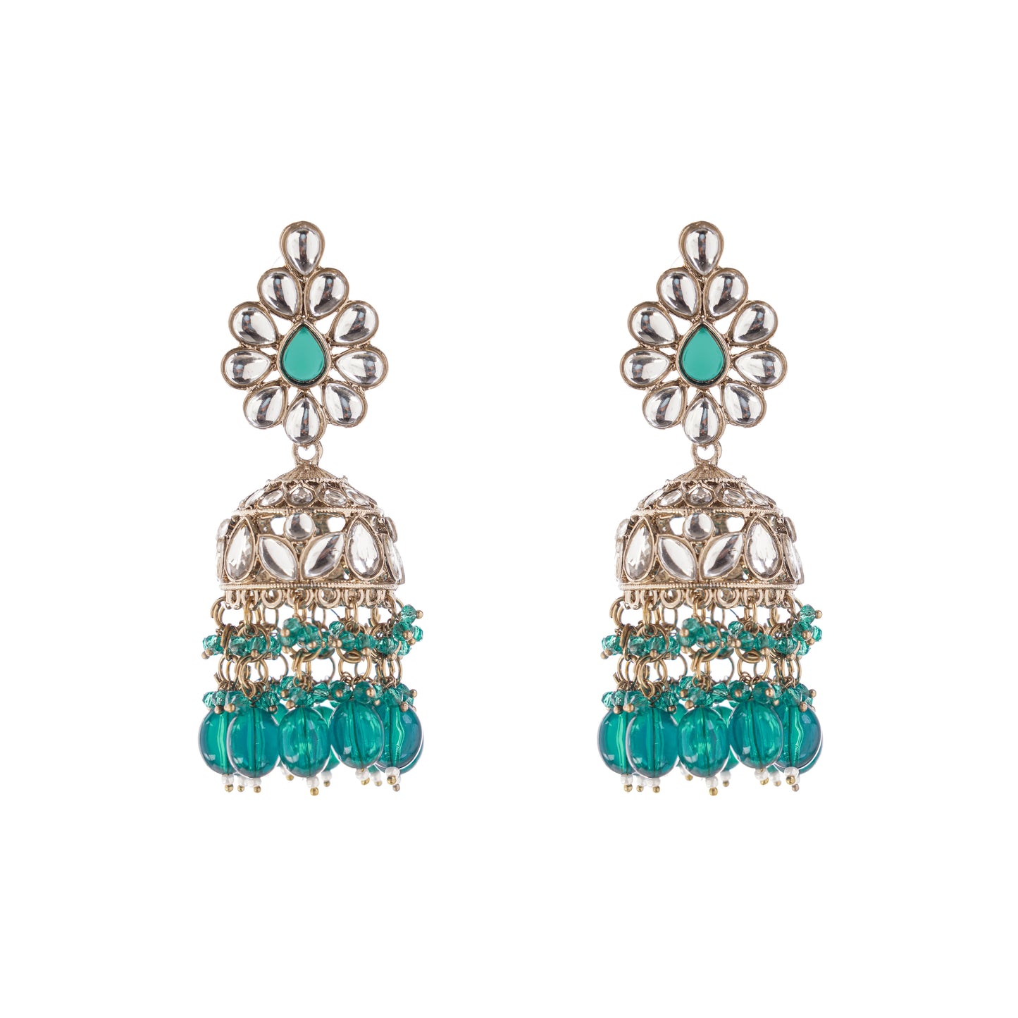 Statement Aqua Green Kundan Jhumka Earrings For Women