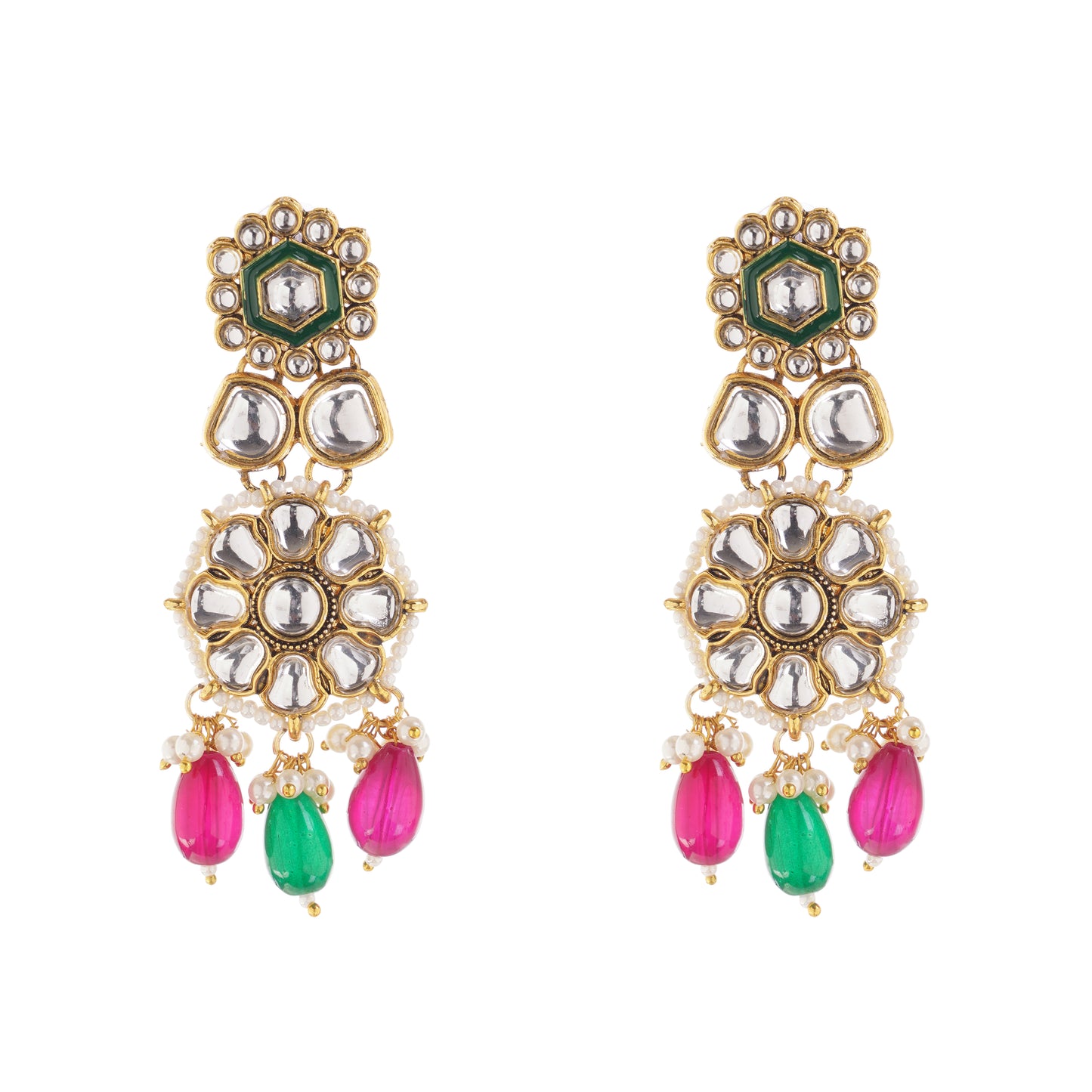 Pink And Green Pearl Kundan Drop Earrings
