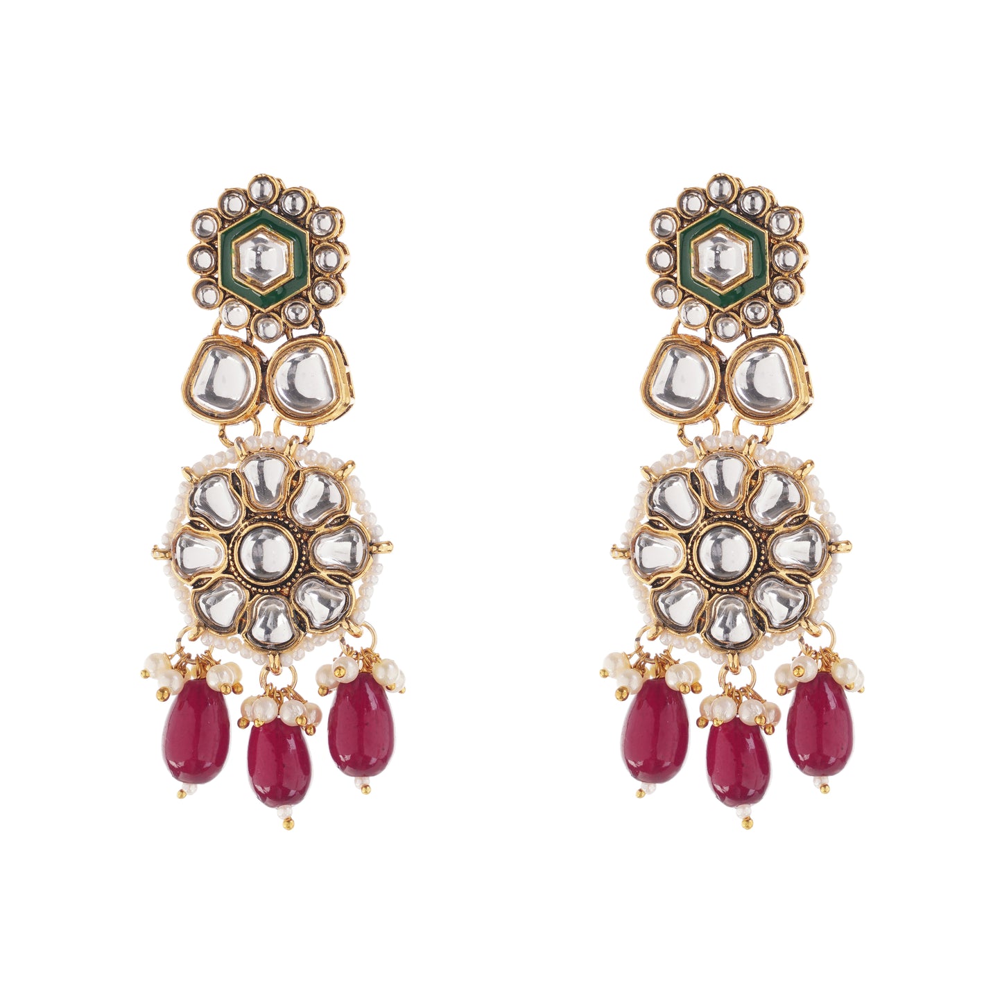 Maroon And Green Pearl Kundan Earrings For Women