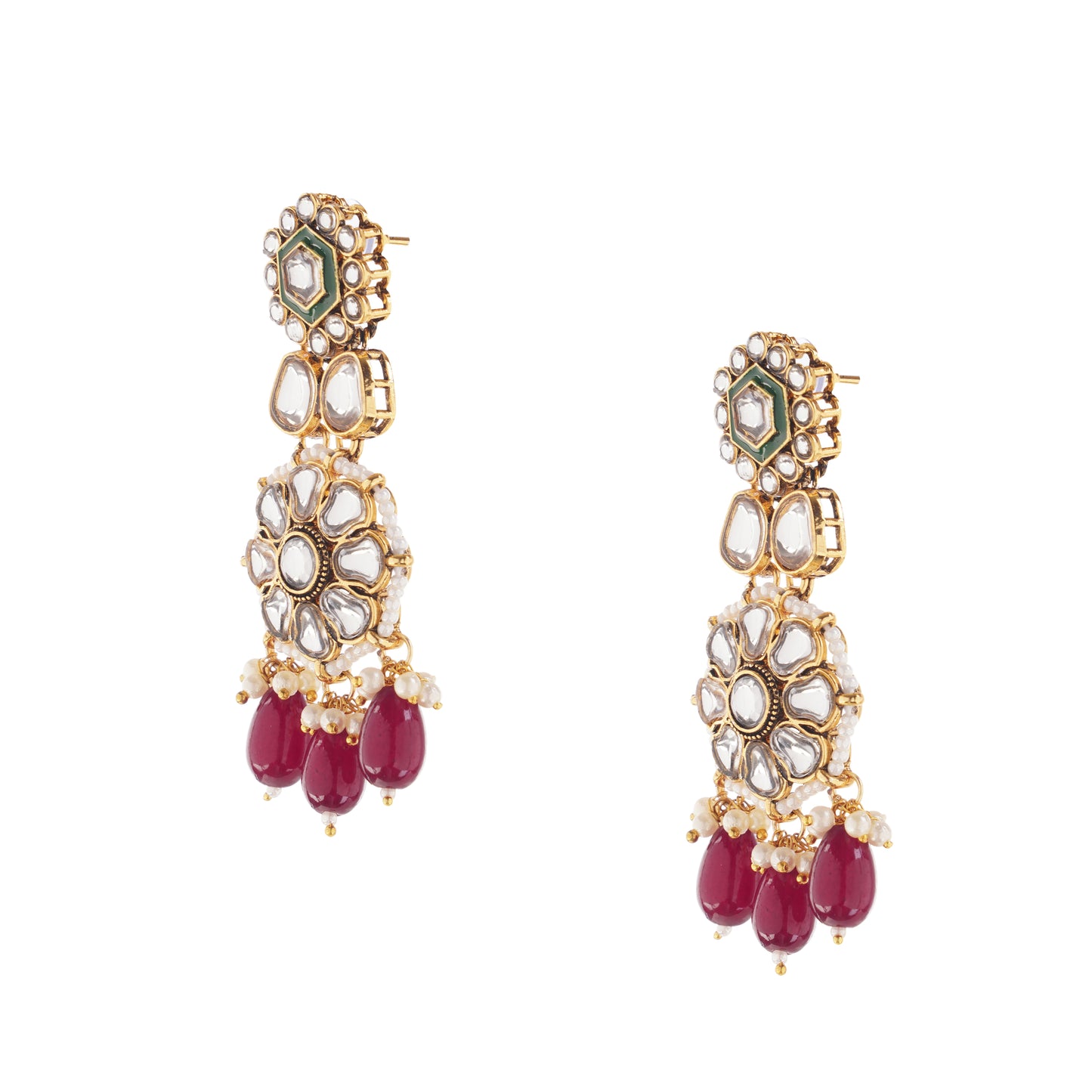Maroon And Green Pearl Kundan Earrings For Women