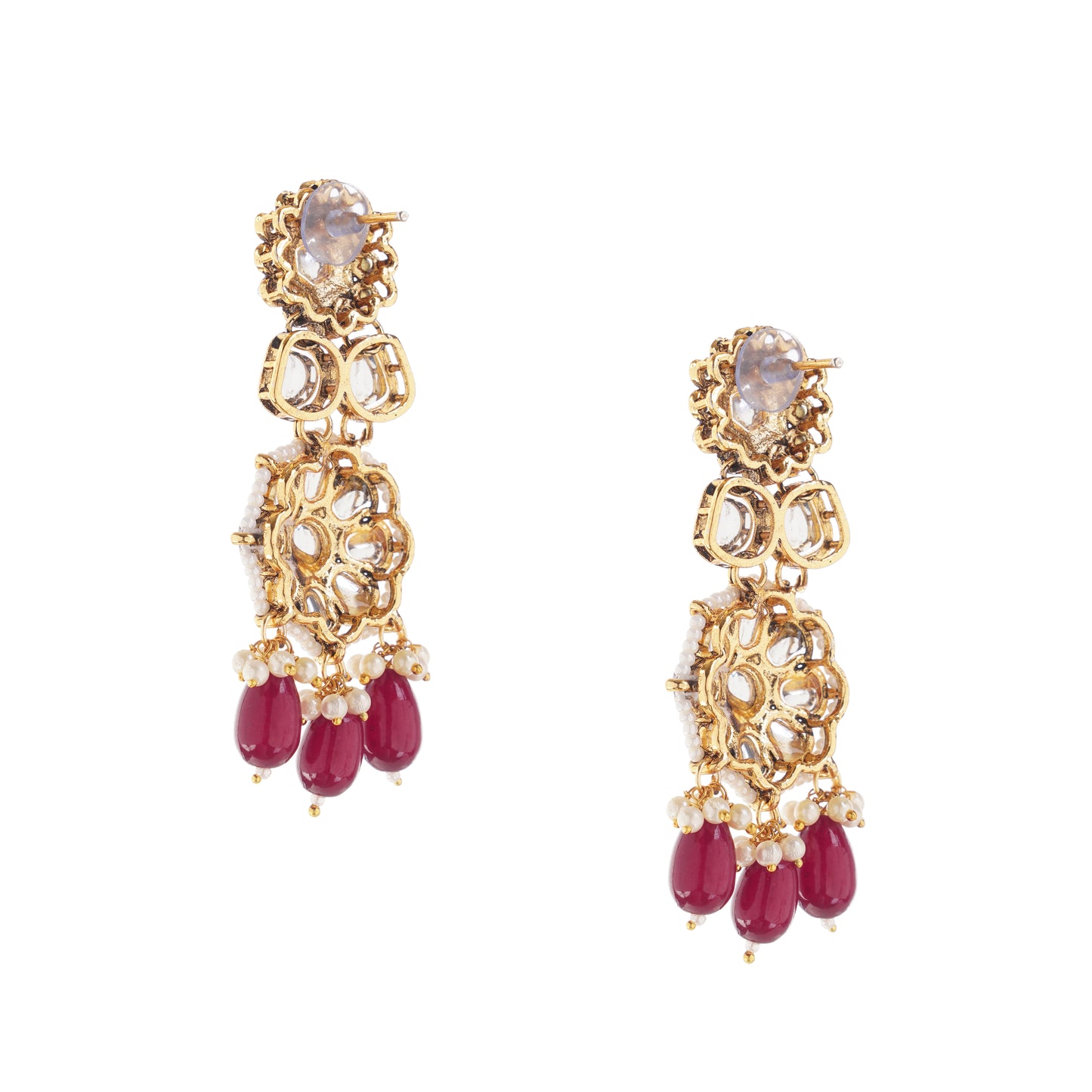 Maroon And Green Pearl Kundan Earrings For Women