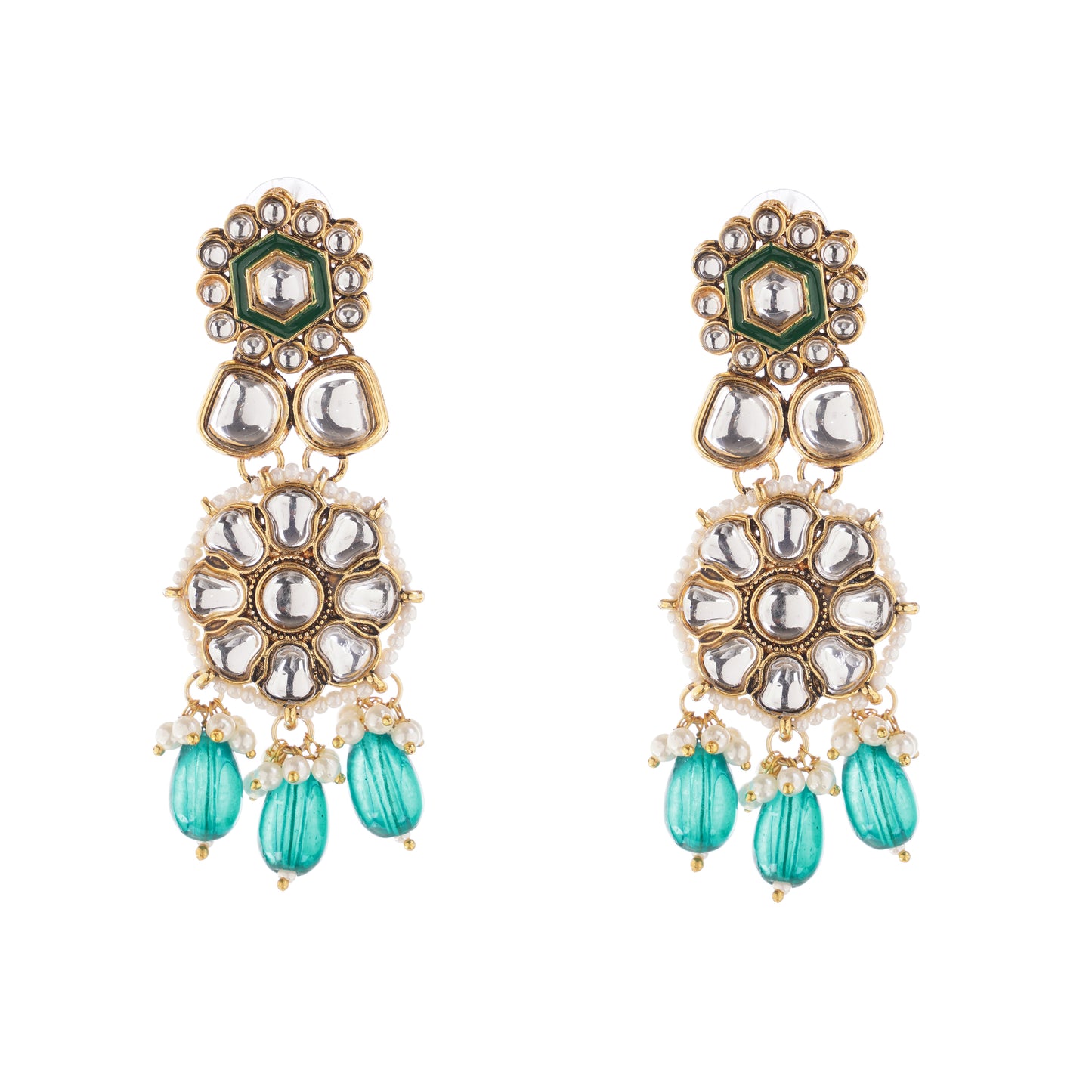 Gold Plated turquoise Blue Pearl Kundan Drop Earrings