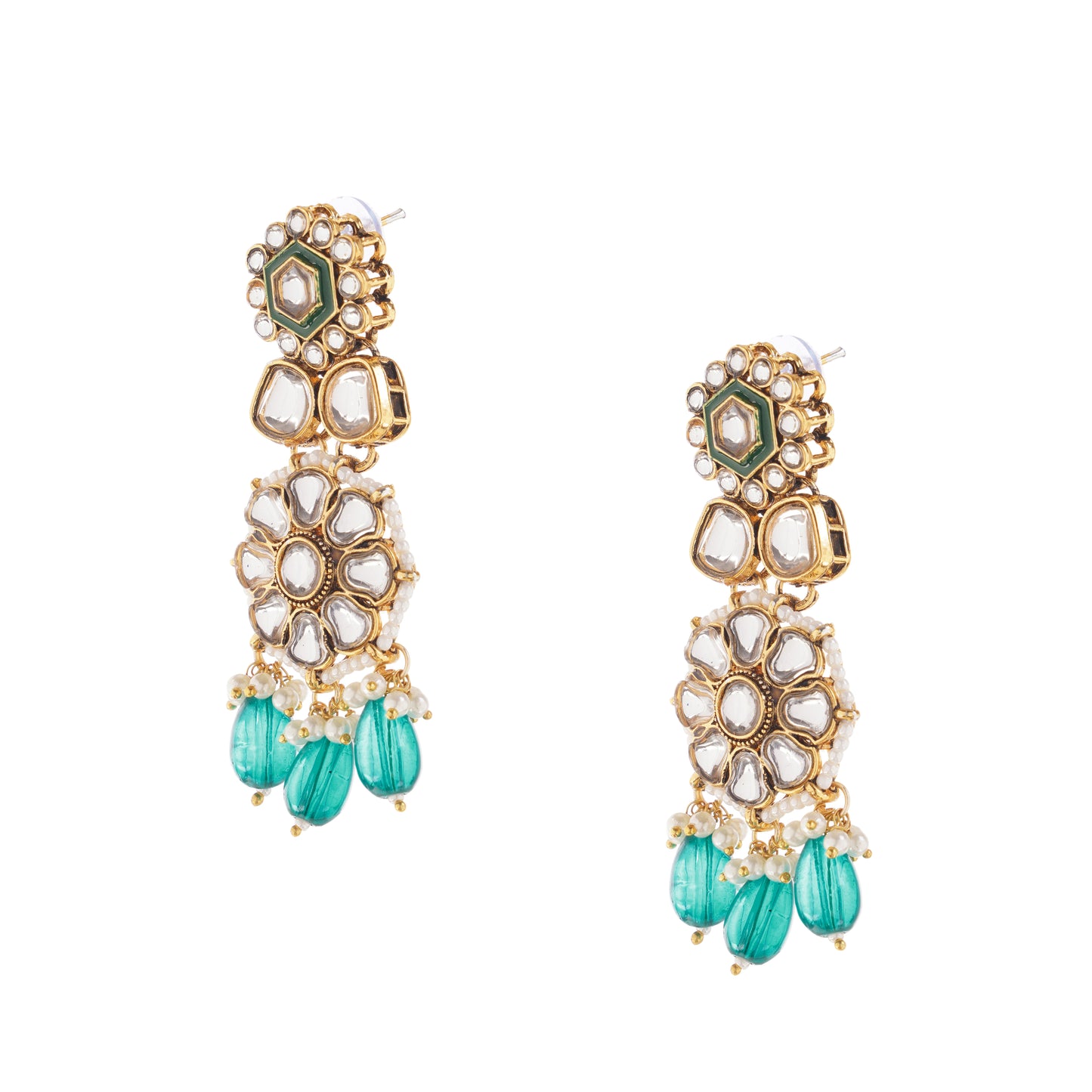 Gold Plated turquoise Blue Pearl Kundan Drop Earrings