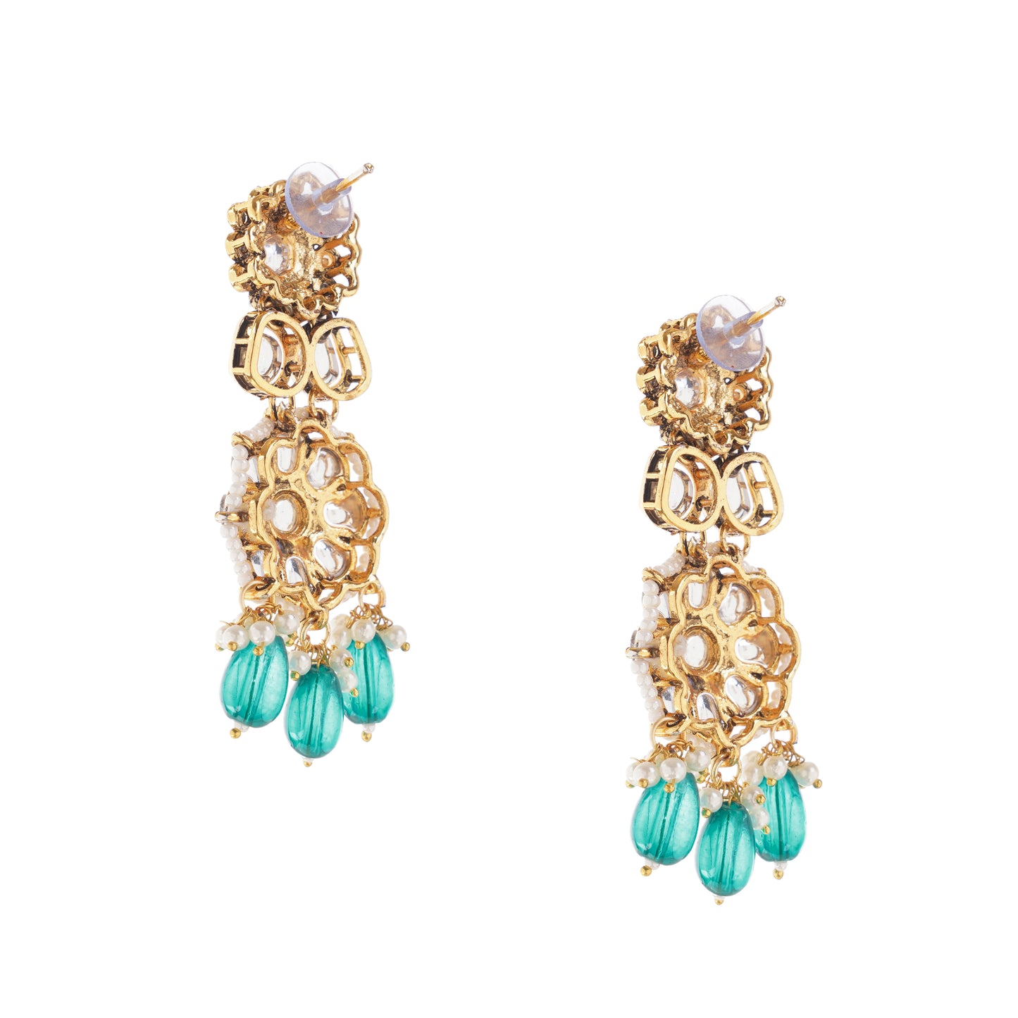 Gold Plated turquoise Blue Pearl Kundan Drop Earrings