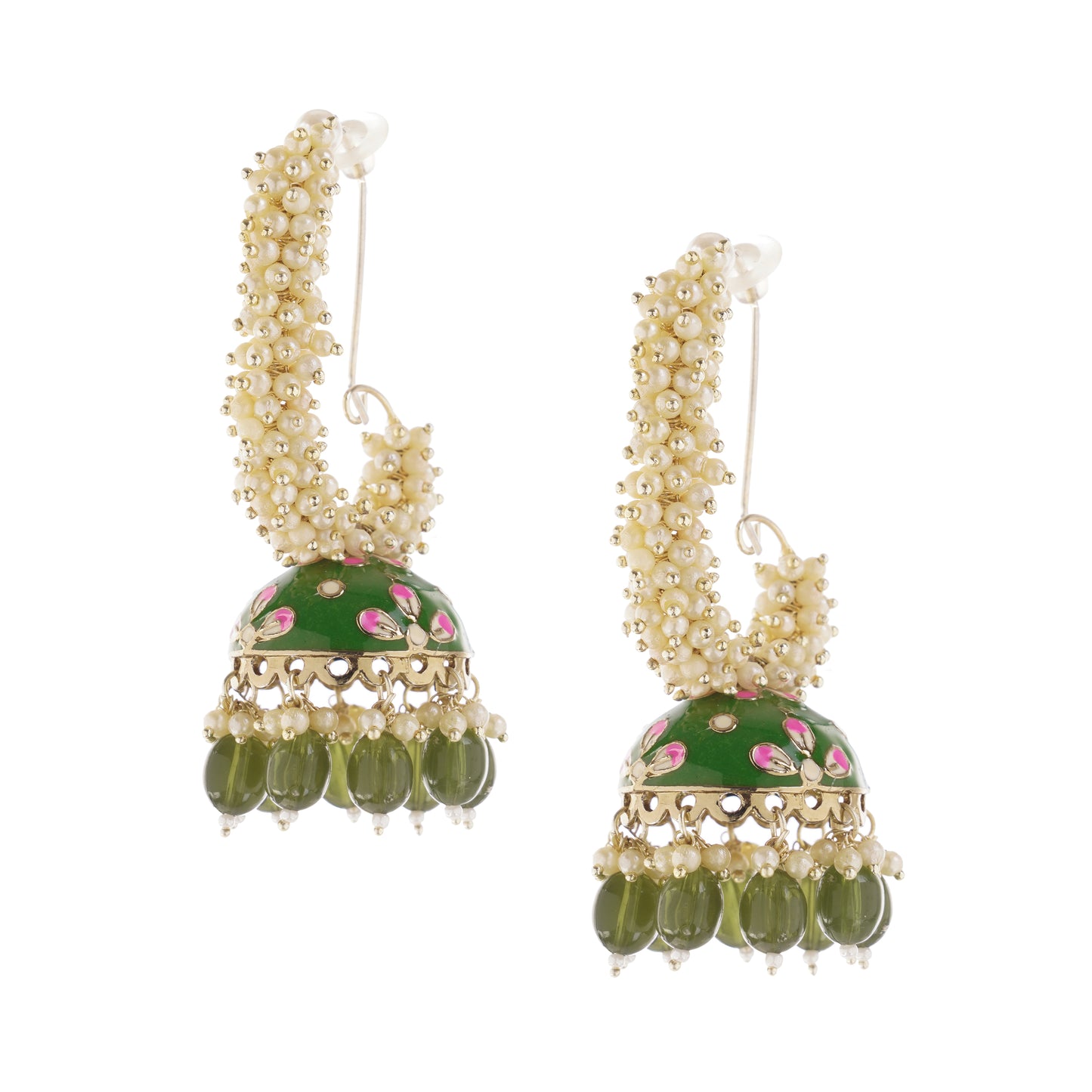 Ethnic Green Pearl Jhumka Earrings For Women