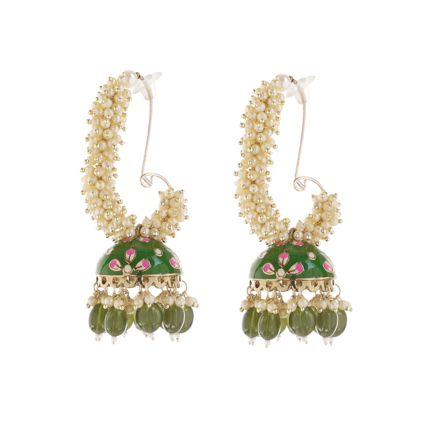 Ethnic Green Pearl Jhumka Earrings For Women