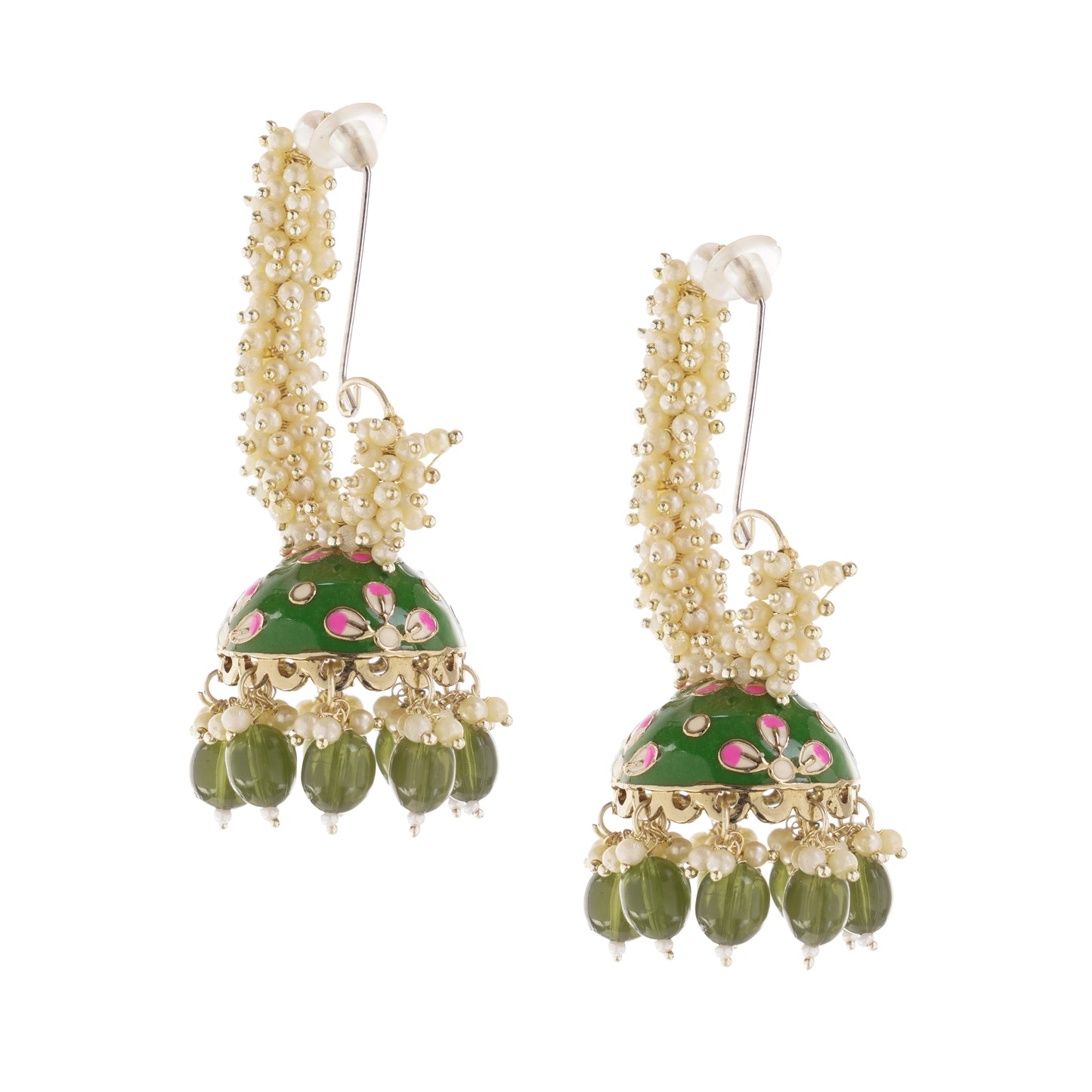 Ethnic Green Pearl Jhumka Earrings For Women