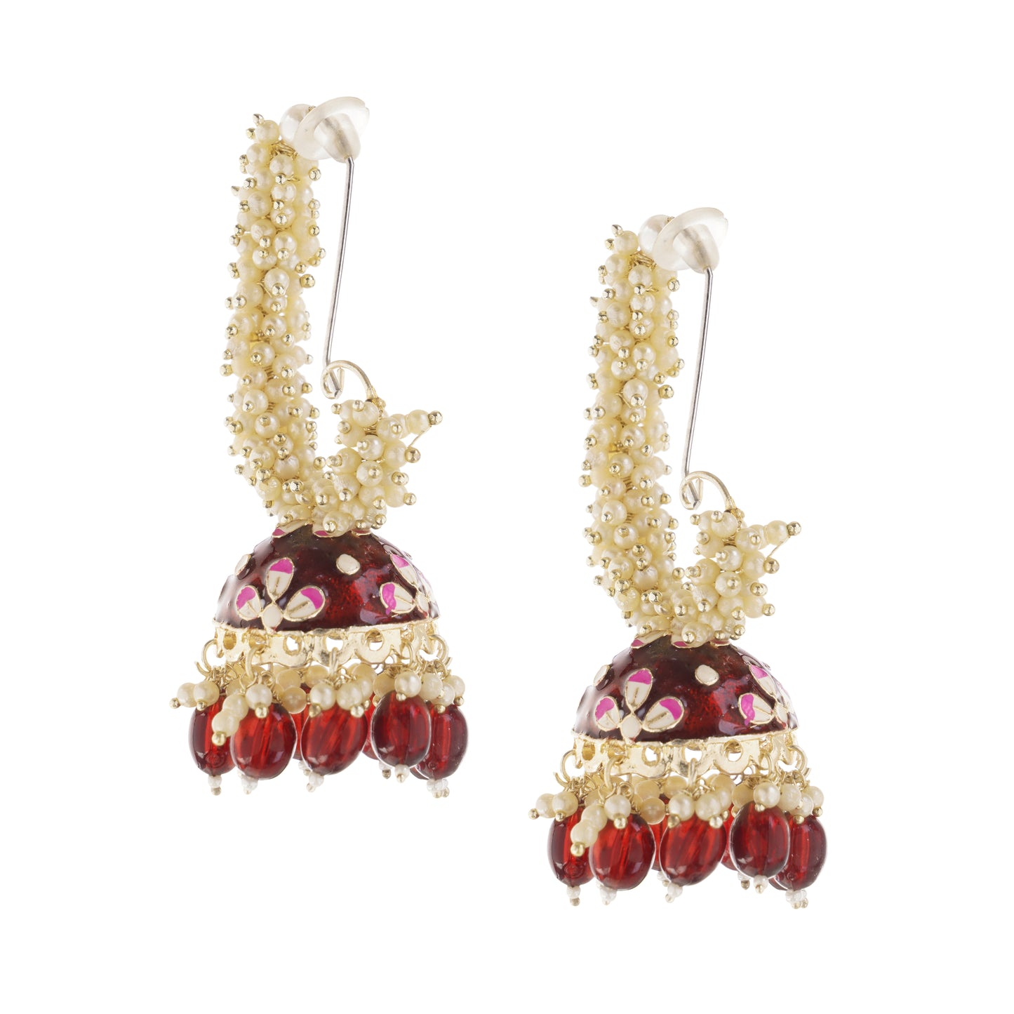 Elegant Red Pearl Jhumka Earrings For Women