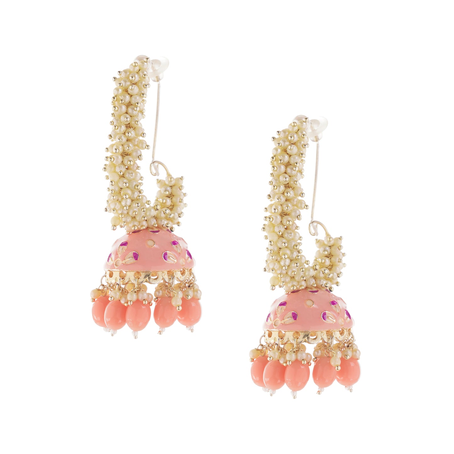 Traditional Peach Pearl Jhumka Earrings For Women