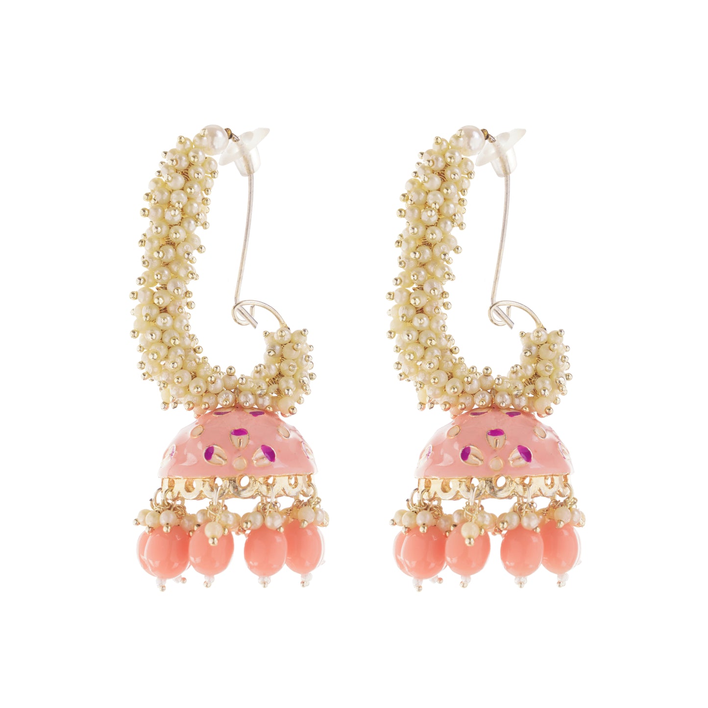 Traditional Peach Pearl Jhumka Earrings For Women
