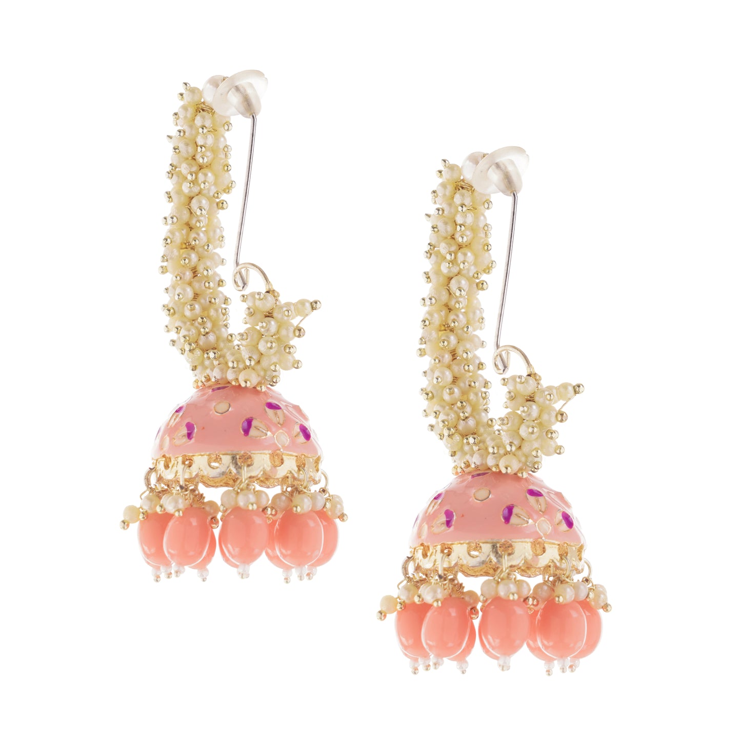 Traditional Peach Pearl Jhumka Earrings For Women
