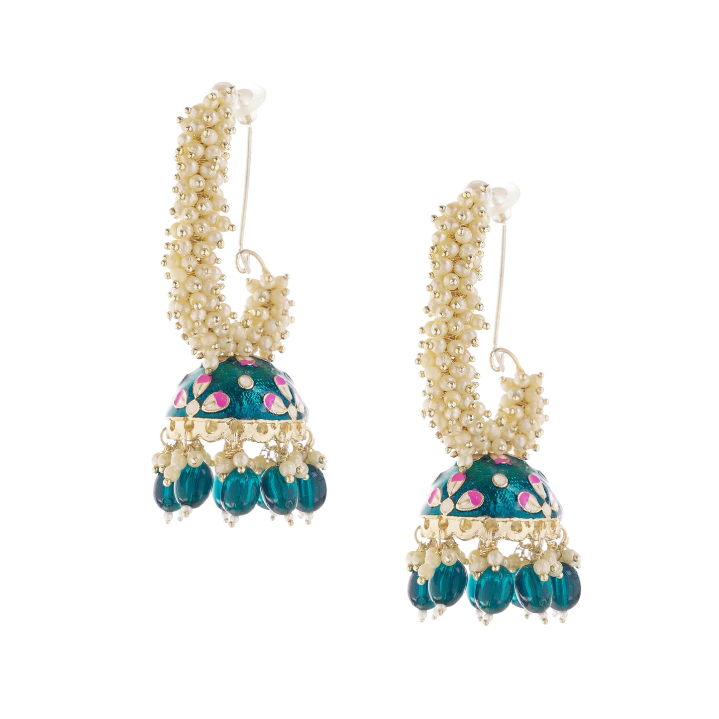 Gold Plated Aqua Green Pearl Jhumka Earrings