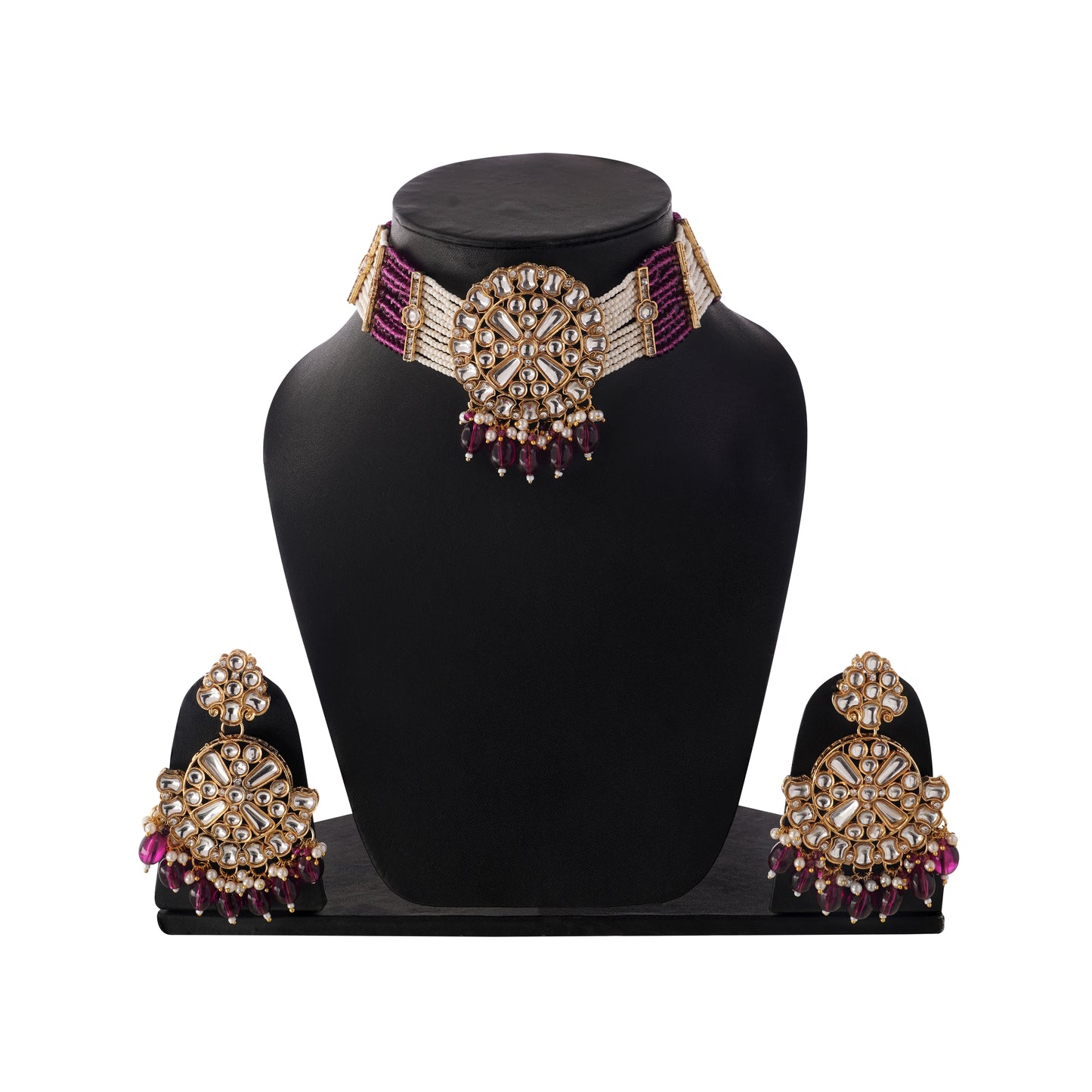 Gold Pleated Ruby Kundan Pearl Bedded Necklace And Earrings Set