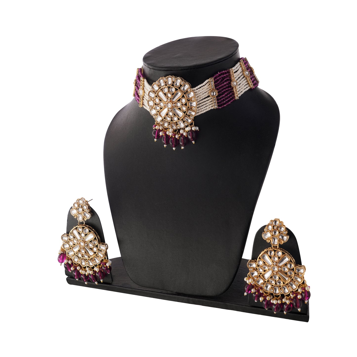 Gold Pleated Ruby Kundan Pearl Bedded Necklace And Earrings Set