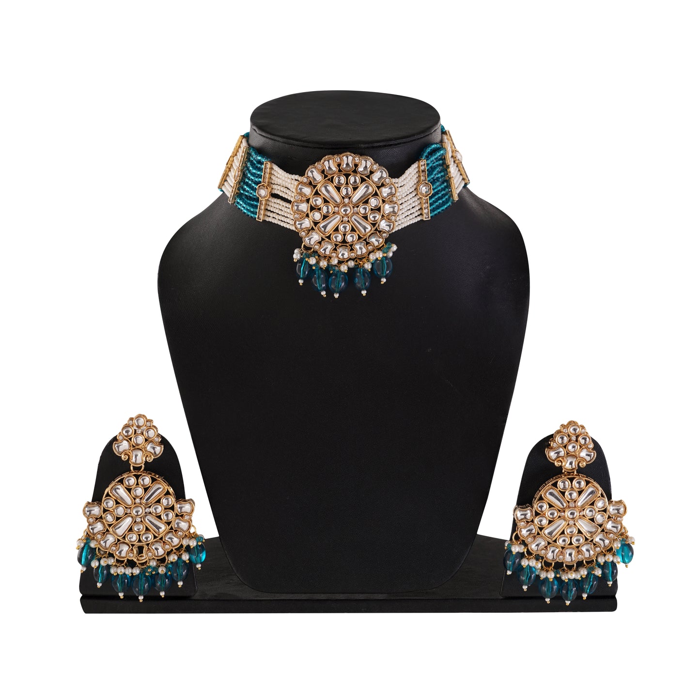 Gold pleated Turquoise Blue Kundan Necklace And Earrings Set