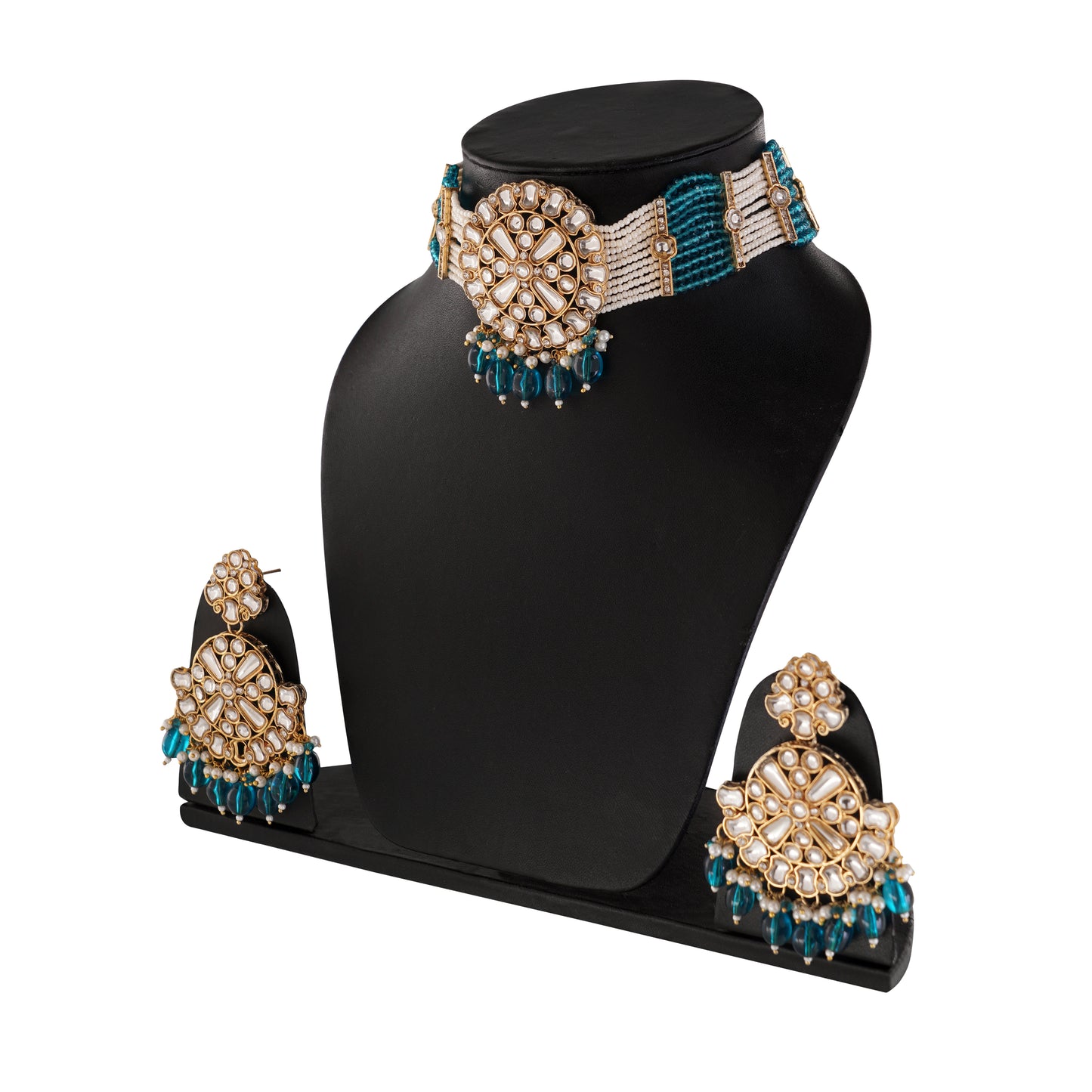 Gold pleated Turquoise Blue Kundan Necklace And Earrings Set