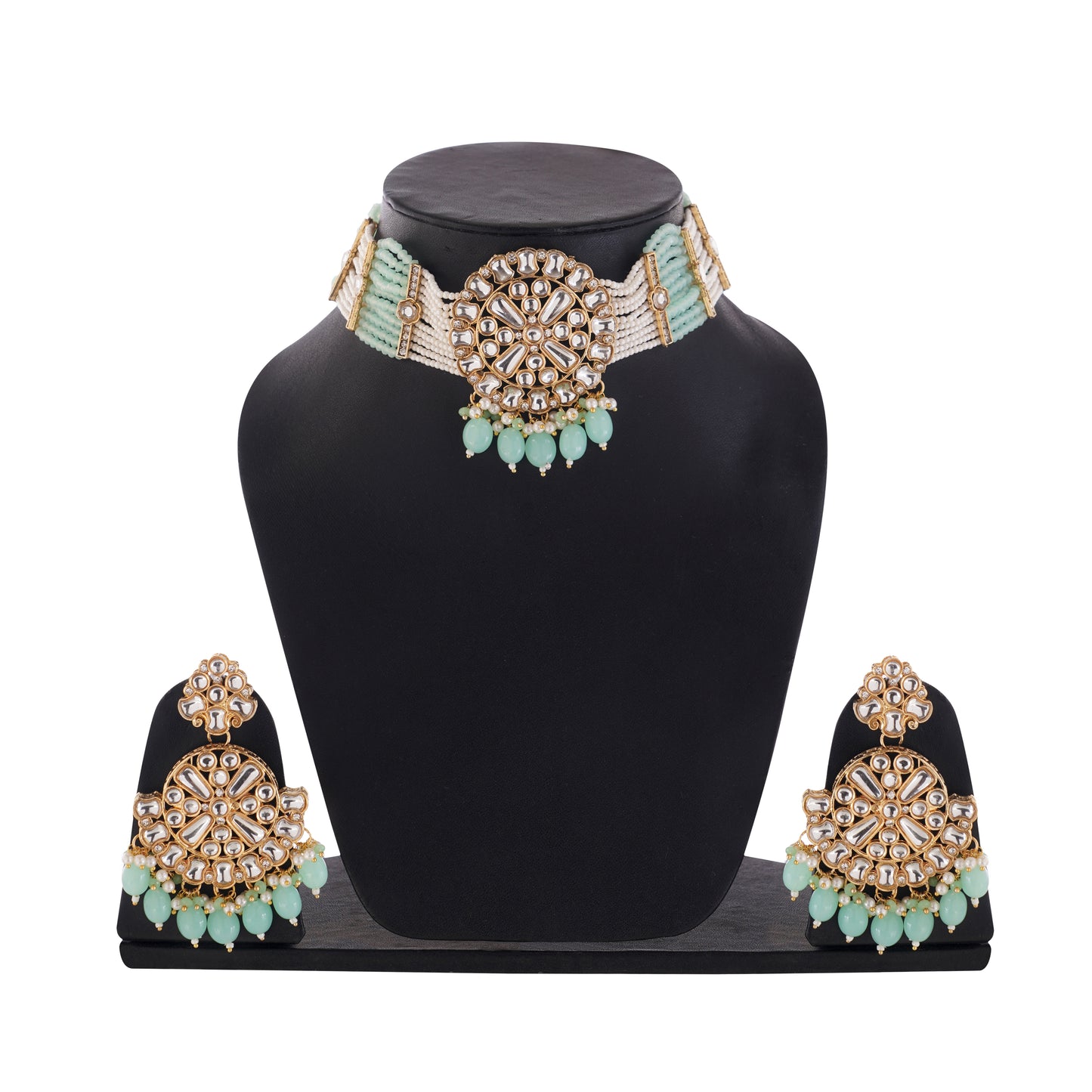 Light Green Kundan Necklace And Drop Earrings Set