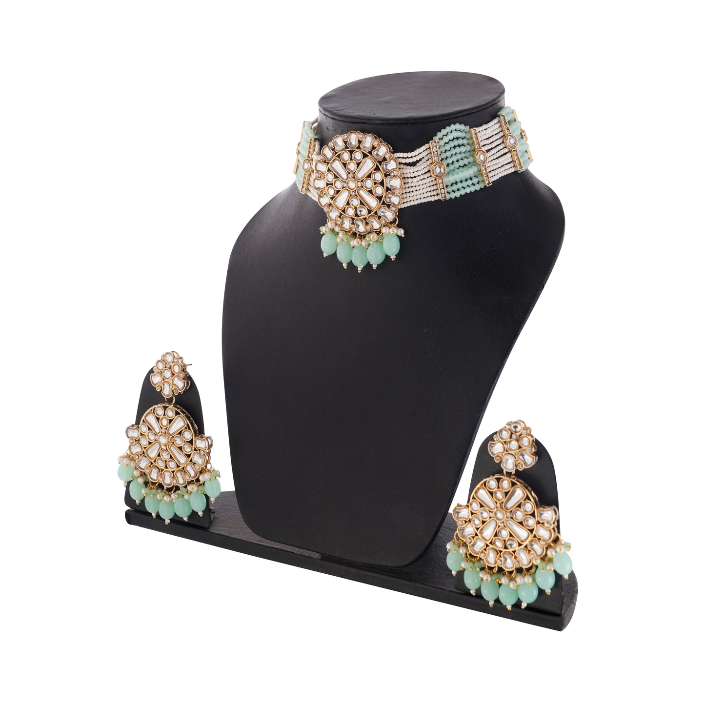 Light Green Kundan Necklace And Drop Earrings Set