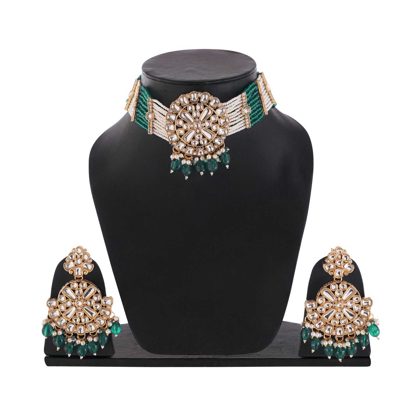 Traditional Green Kundan Necklace And Earrings Set For Women