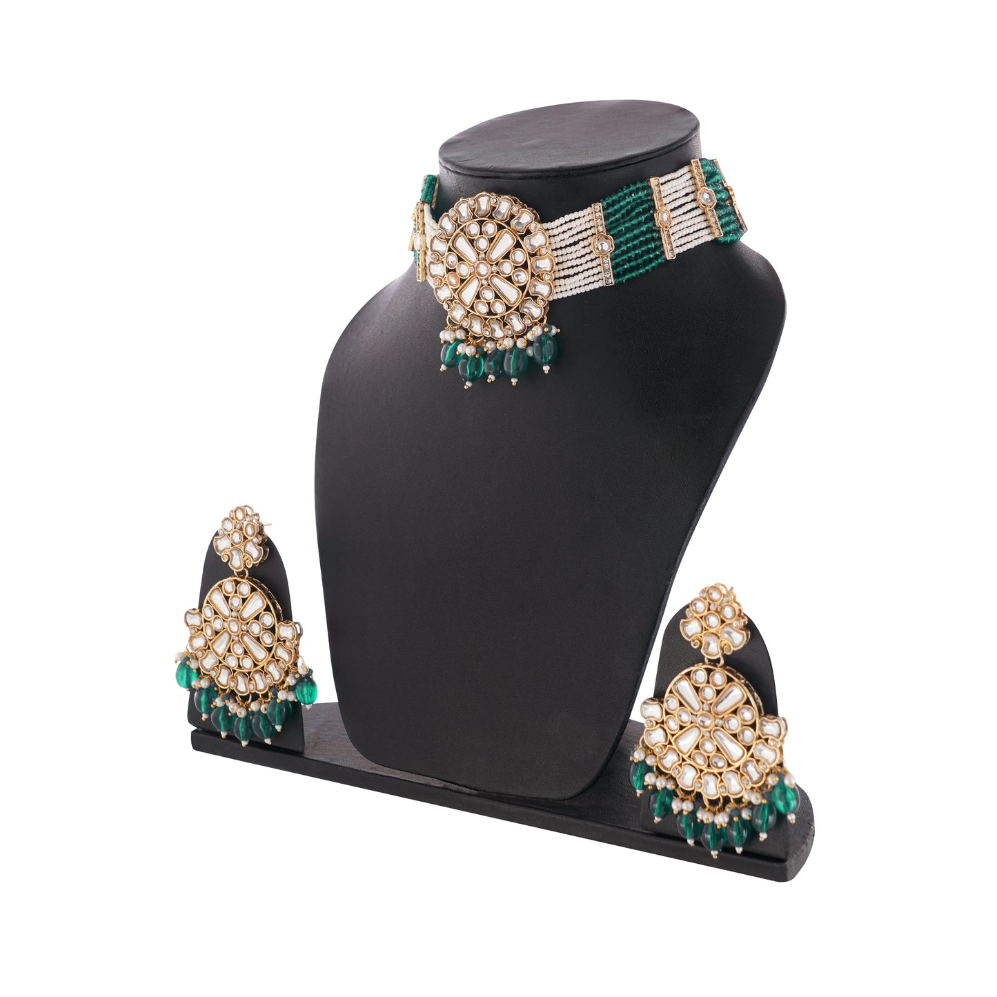 Traditional Green Kundan Necklace And Earrings Set For Women