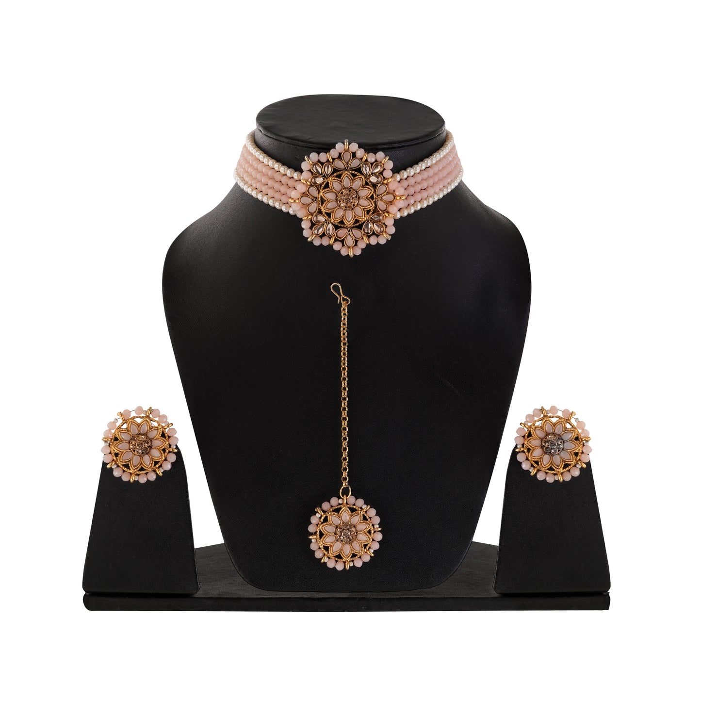 Light Peach Pearl Beadded Jewellery Necklace And Earrings Set