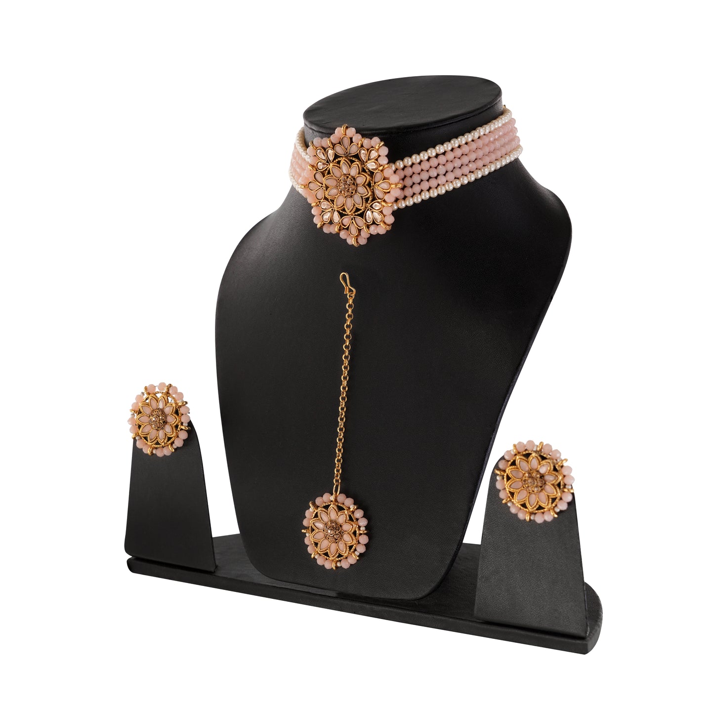 Light Peach Pearl Beadded Jewellery Necklace And Earrings Set