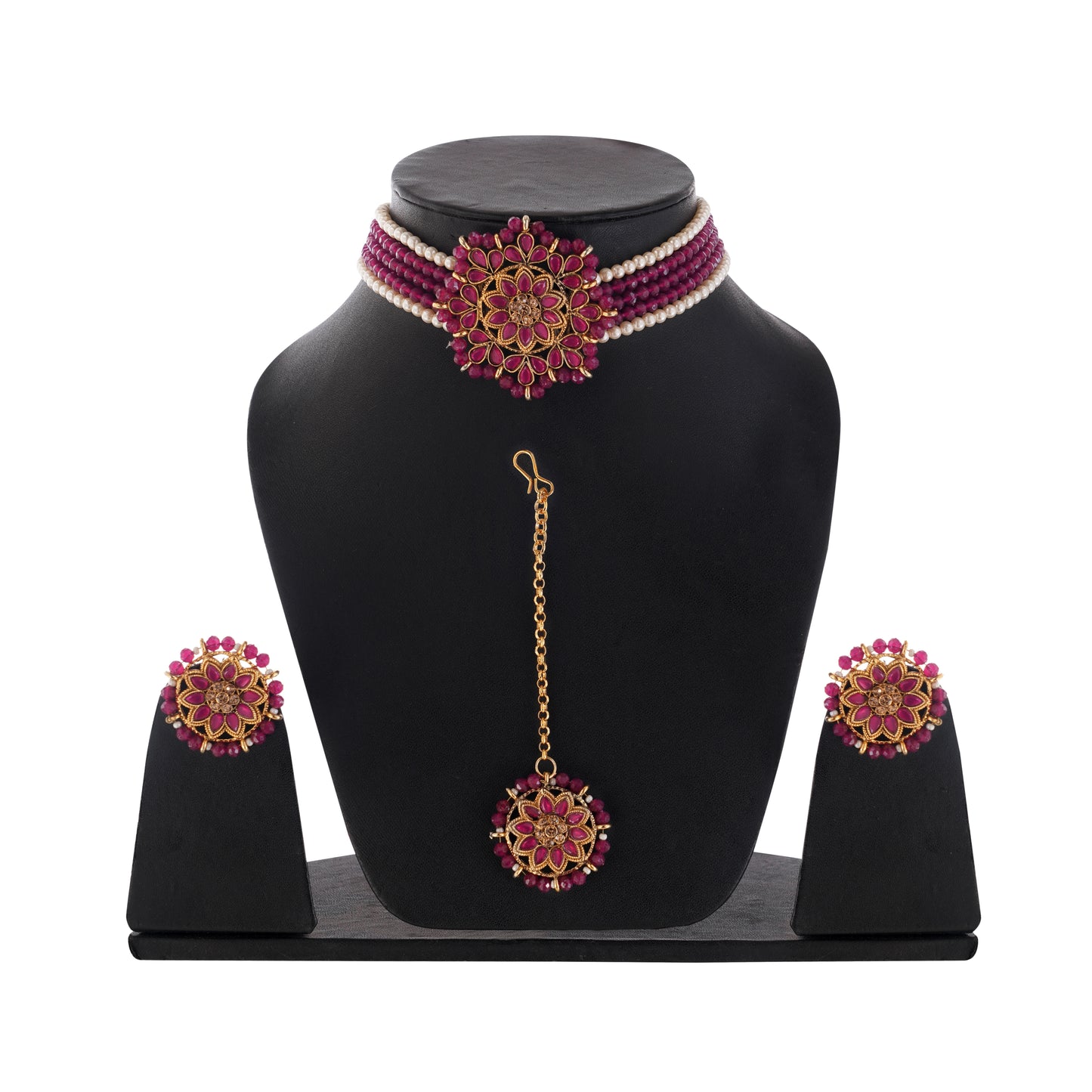 Gold Plated Purple Beadded Stone Choker Necklace Set For Women