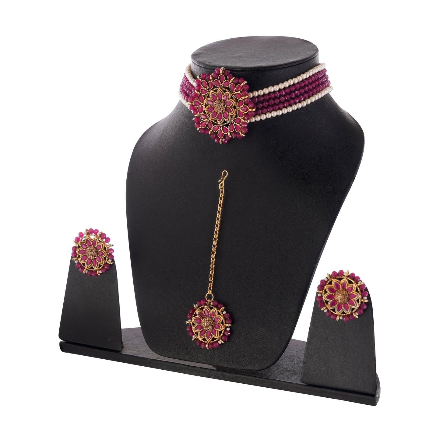 Gold Plated Purple Beadded Stone Choker Necklace Set For Women
