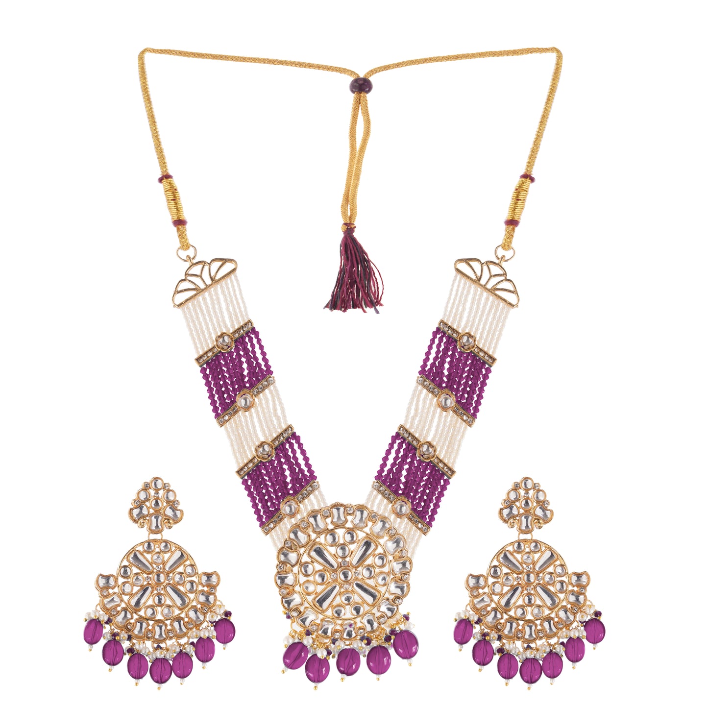 Gold Pleated Ruby Kundan Pearl Bedded Necklace And Earrings Set