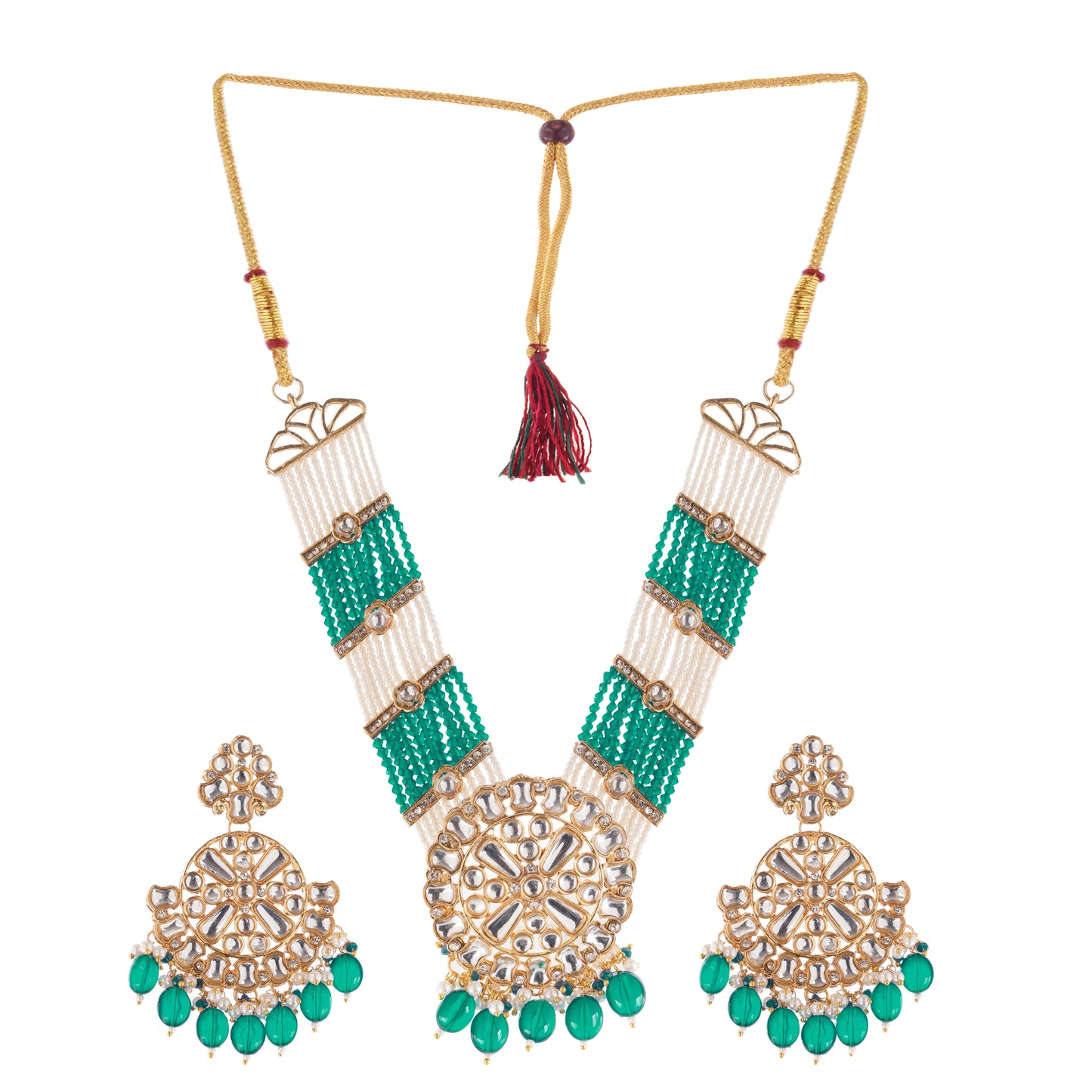 Traditional Green Kundan Necklace And Earrings Set For Women