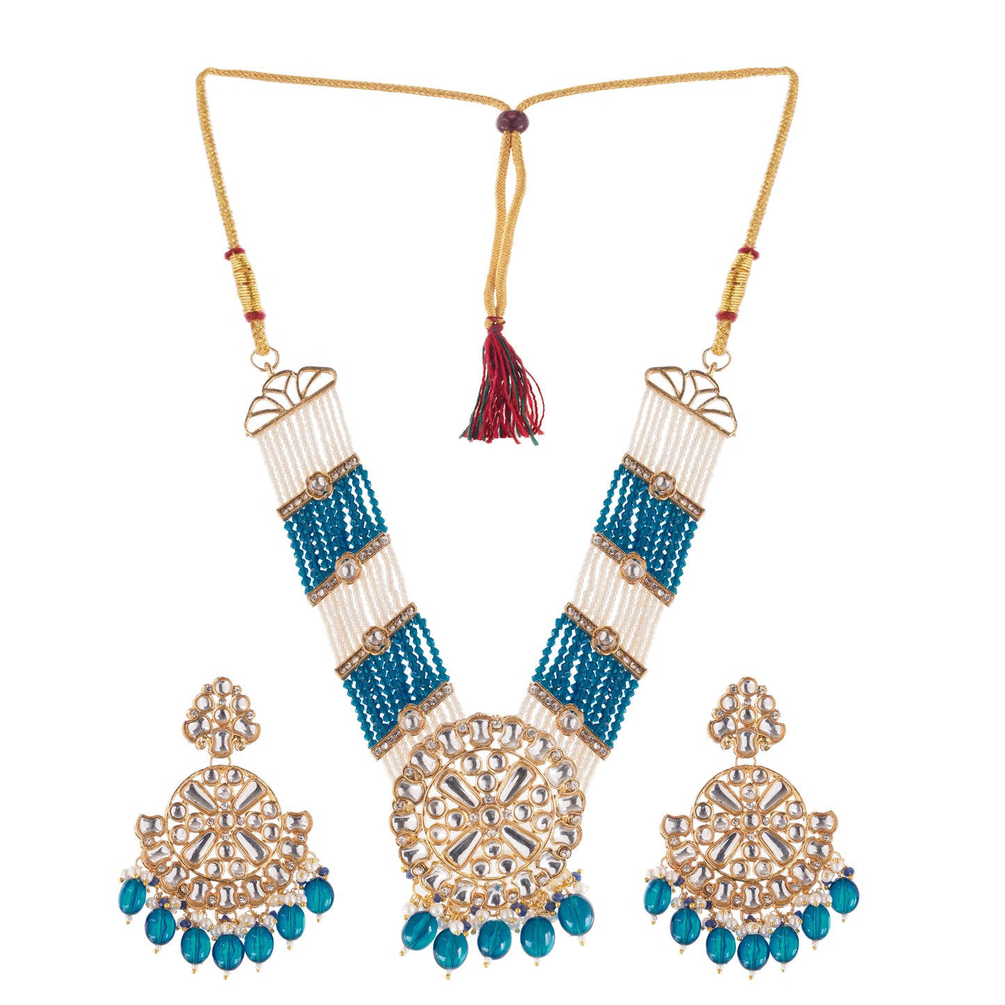 Gold pleated Turquoise Blue Kundan Necklace And Earrings Set