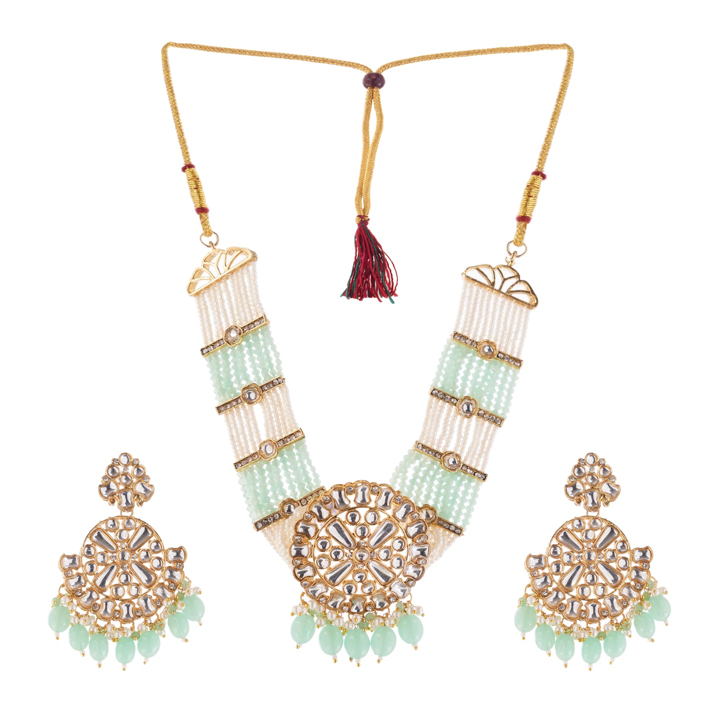 Light Green Kundan Necklace And Drop Earrings Set